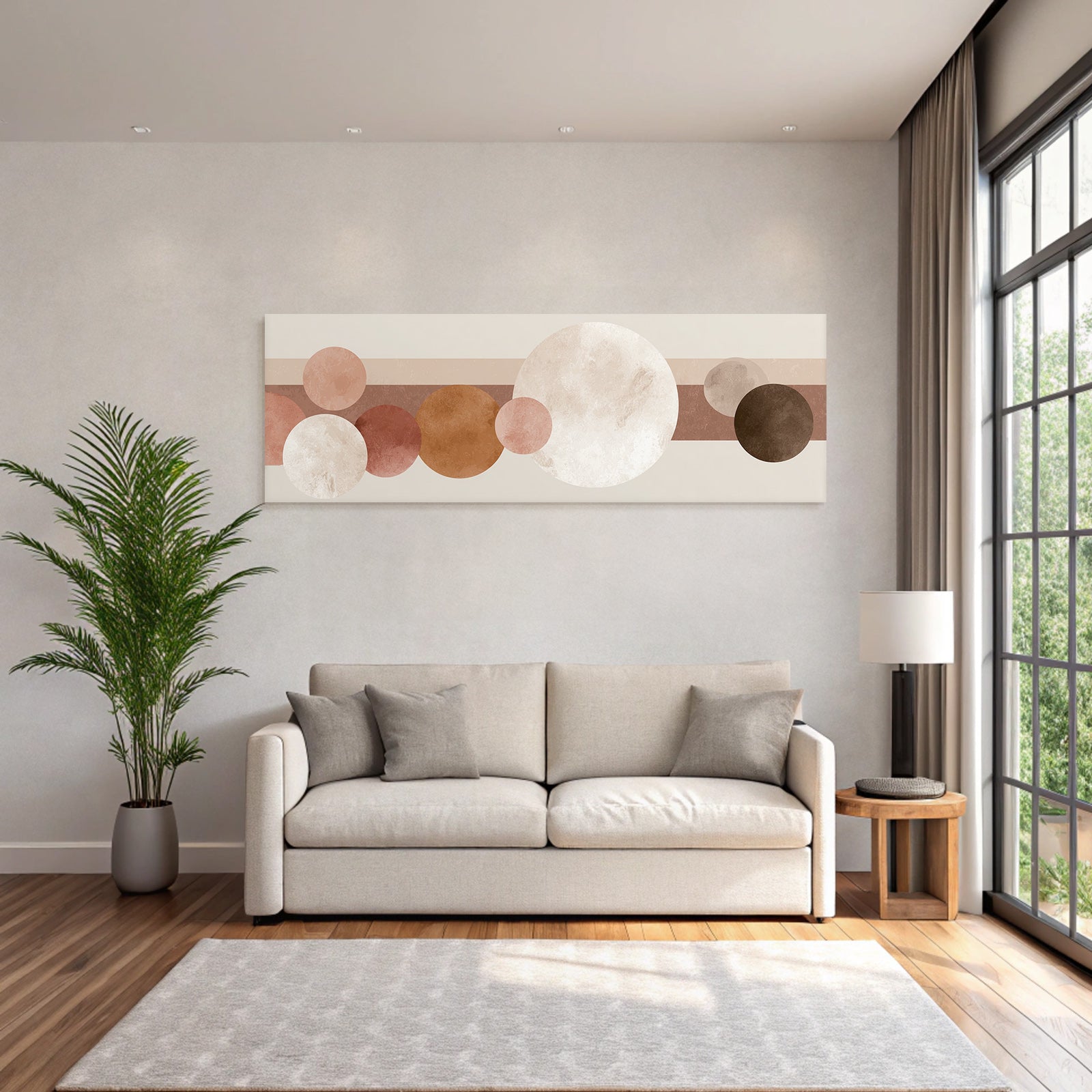 Abstract design with various circles and horizontal stripes