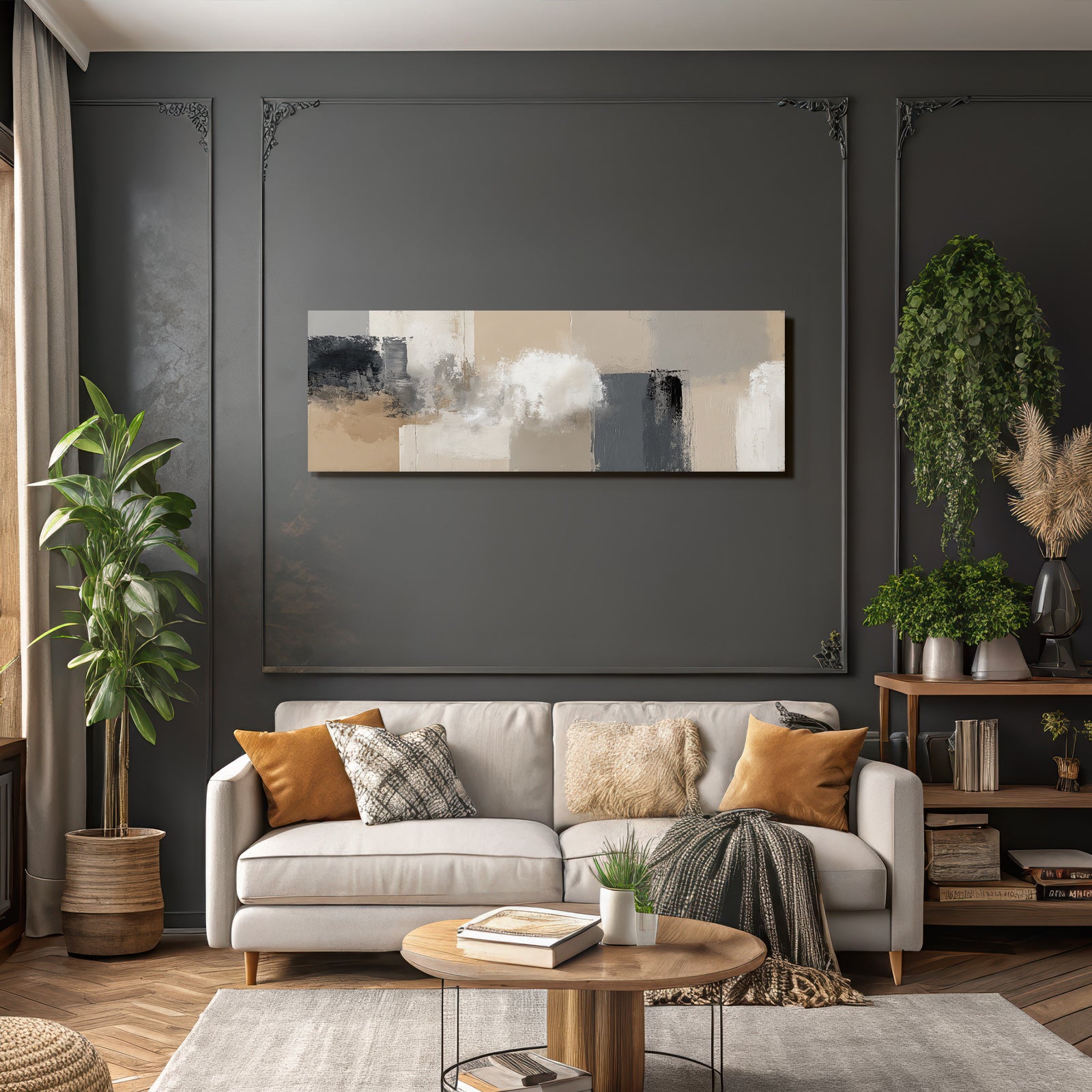 Abstract painting beige grey black white