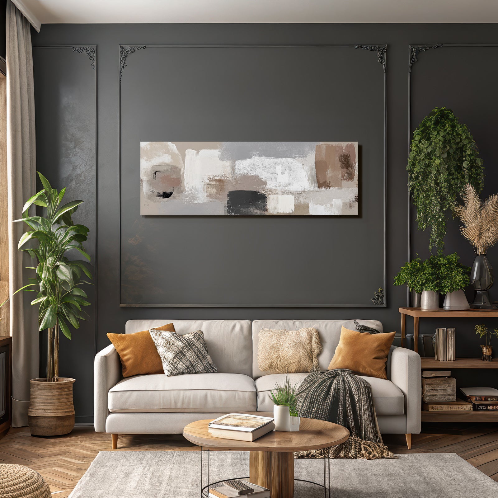 Abstract painting in beige, grey, white, brown
