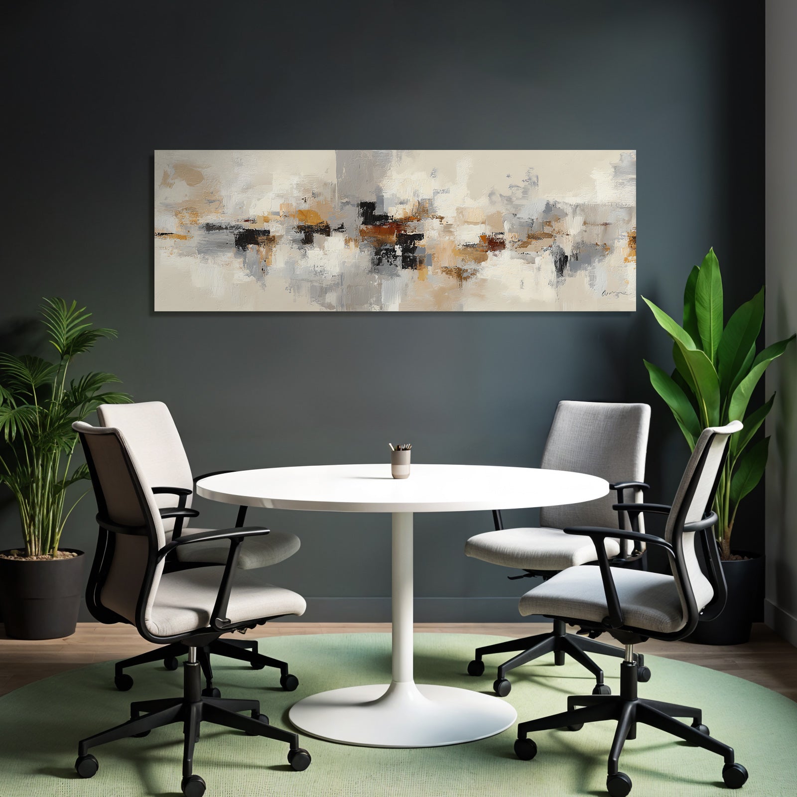 Abstract painting in beige, grey, white, black, orange, brown