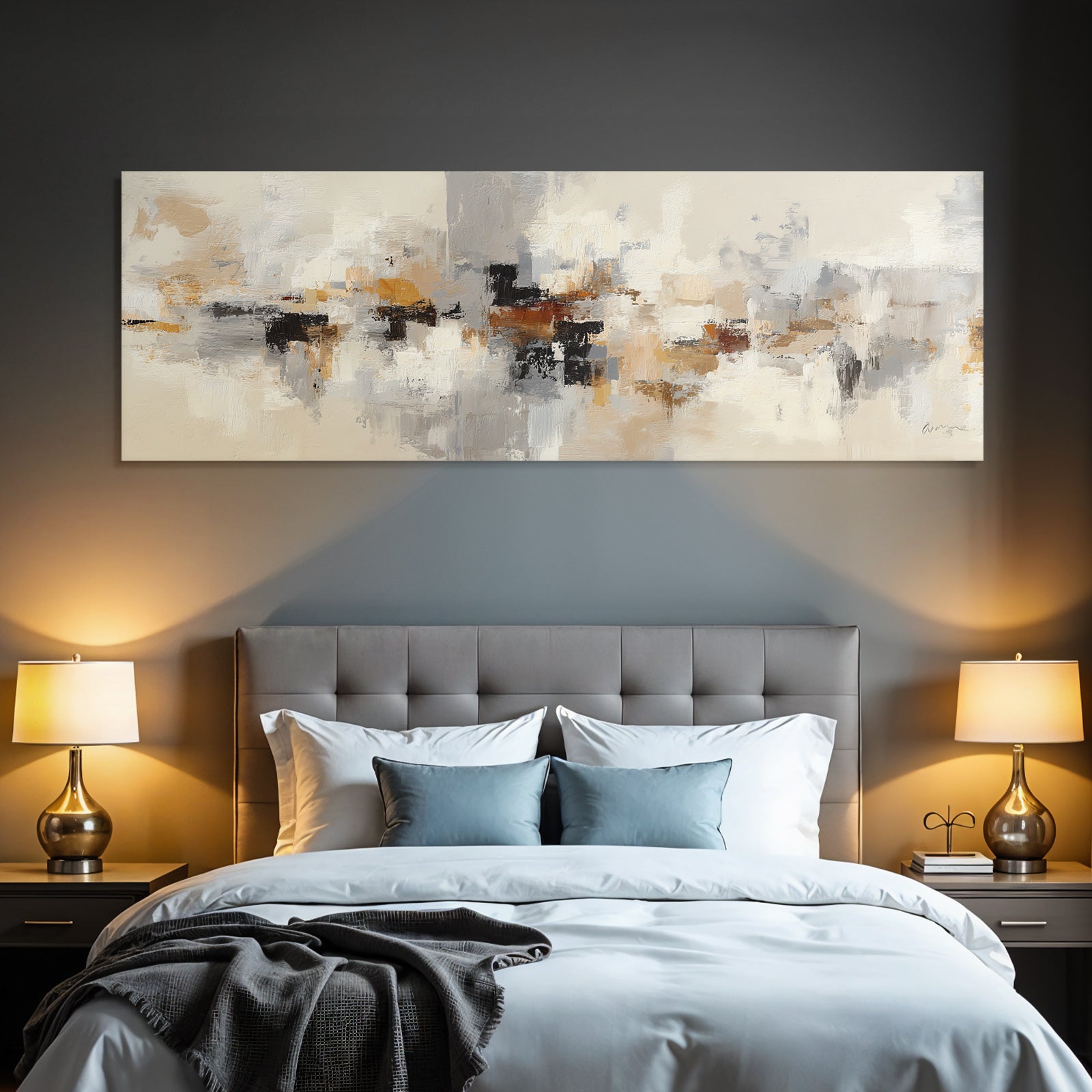 Abstract painting in beige, grey, white, black, orange, brown