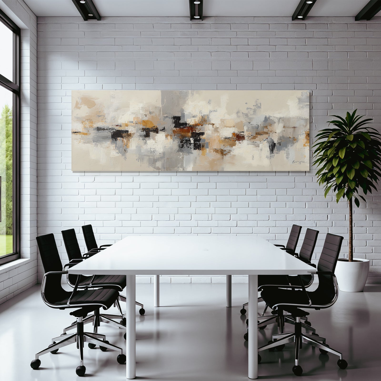Abstract painting in beige, grey, white, black, orange, brown
