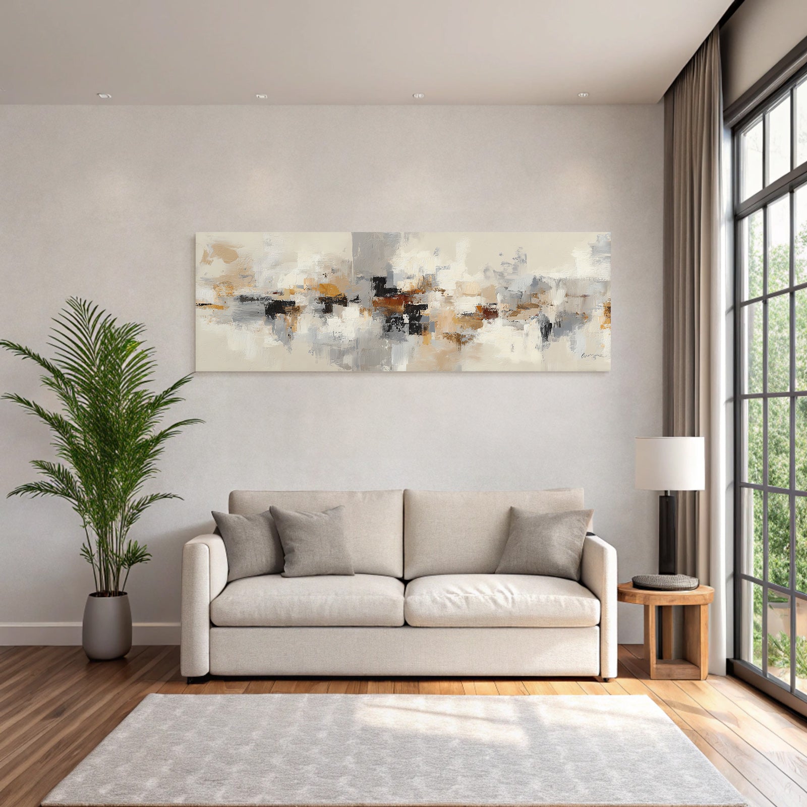 Abstract painting in beige, grey, white, black, orange, brown