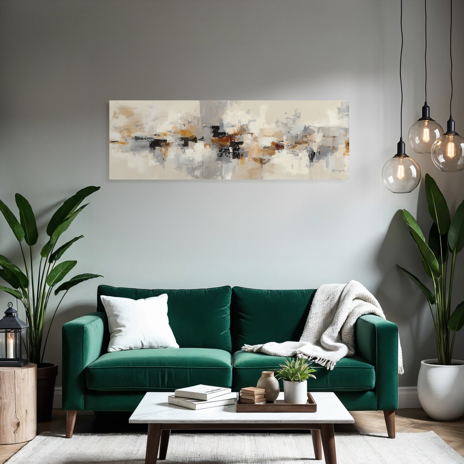 Abstract painting in beige, grey, white, black, orange, brown
