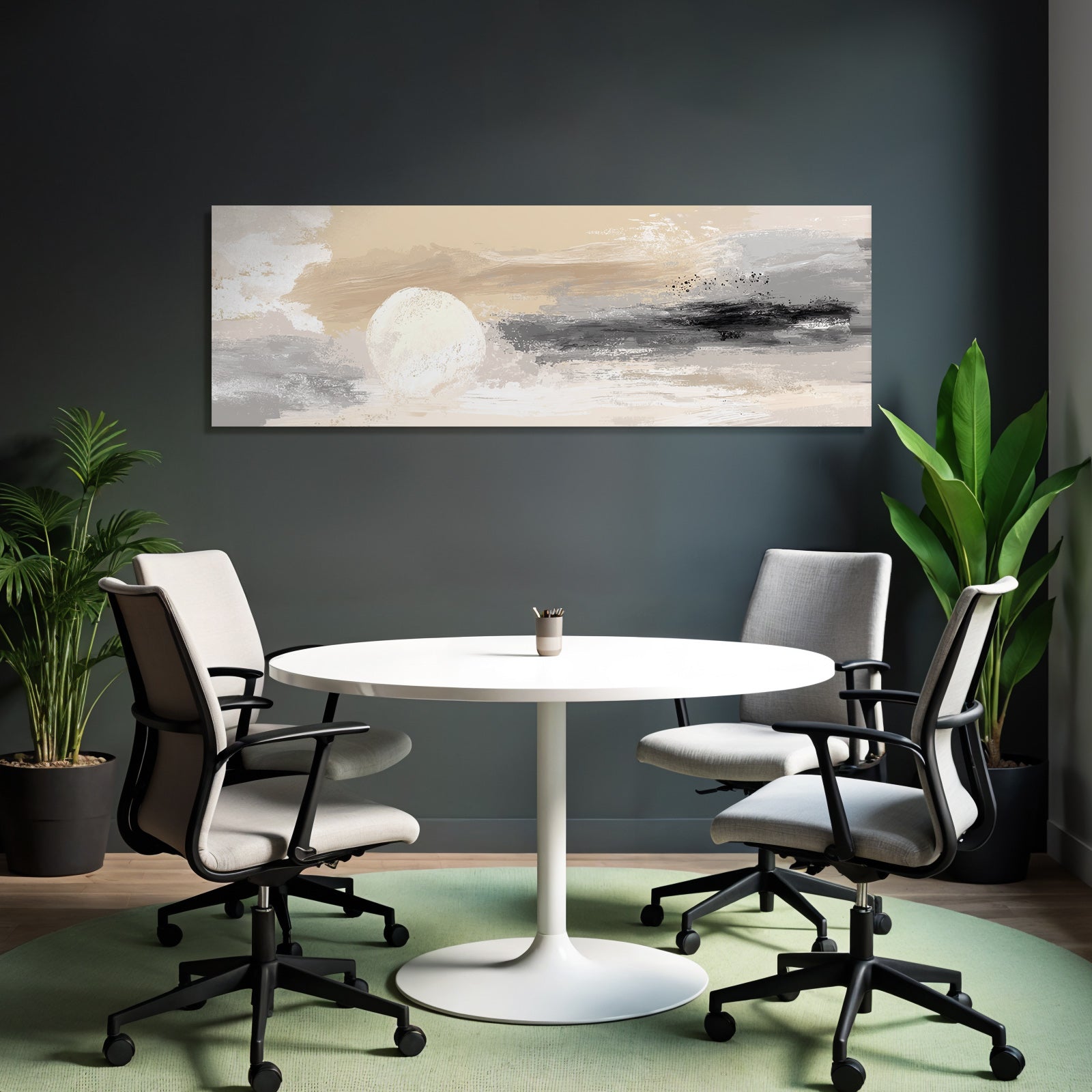 Abstract painting landscape with soft colors circular shape sun