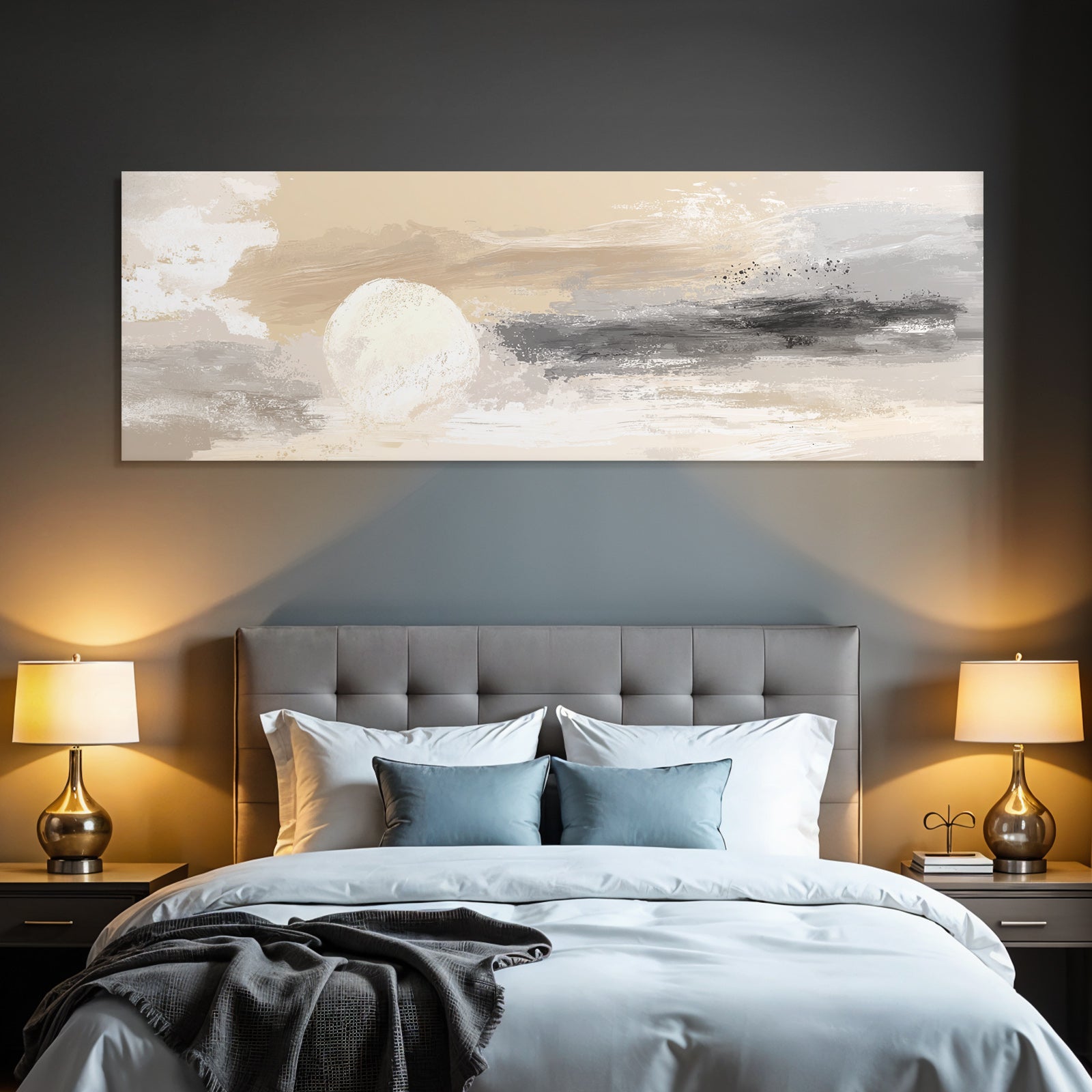 Abstract painting landscape with soft colors circular shape sun