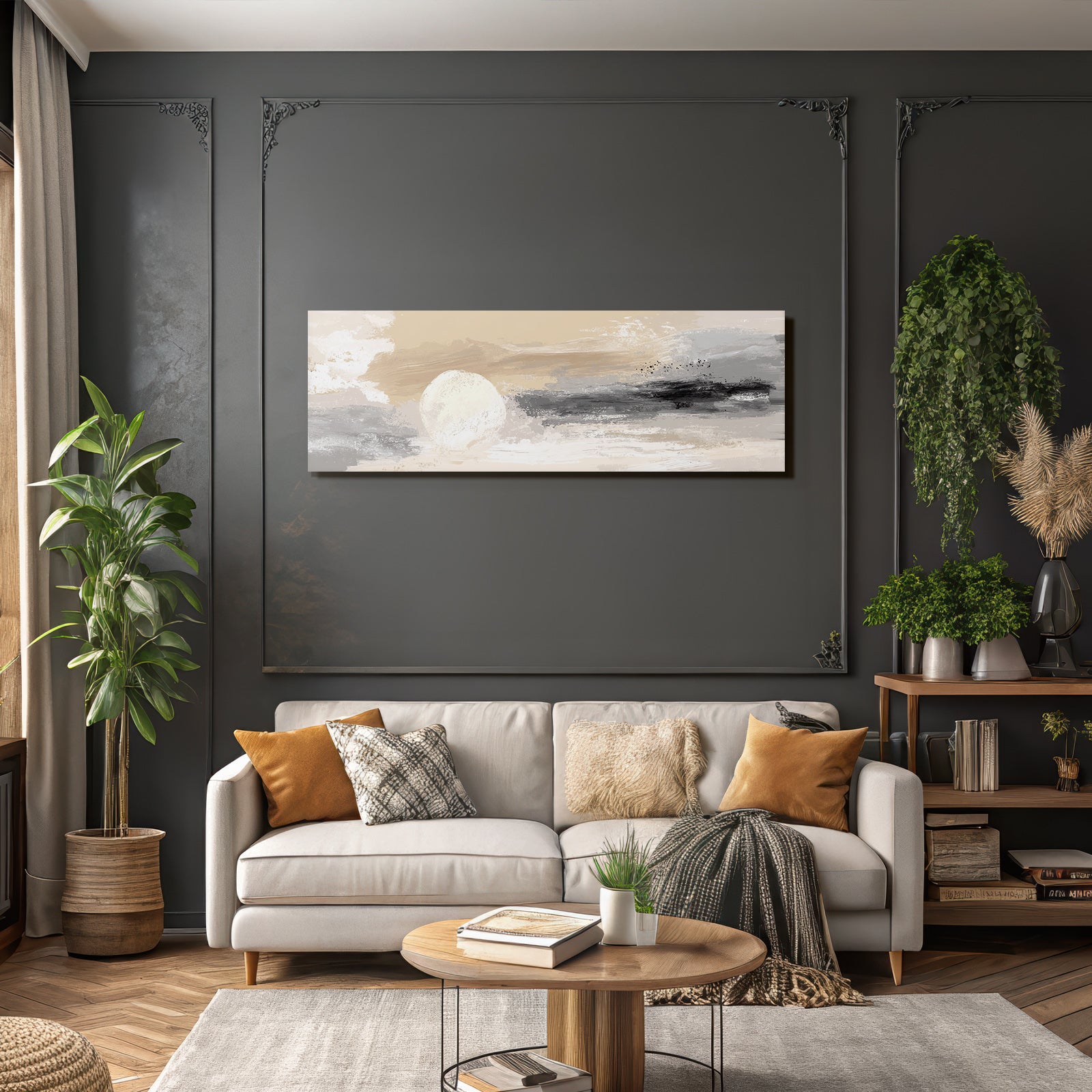 Abstract painting landscape with soft colors circular shape sun