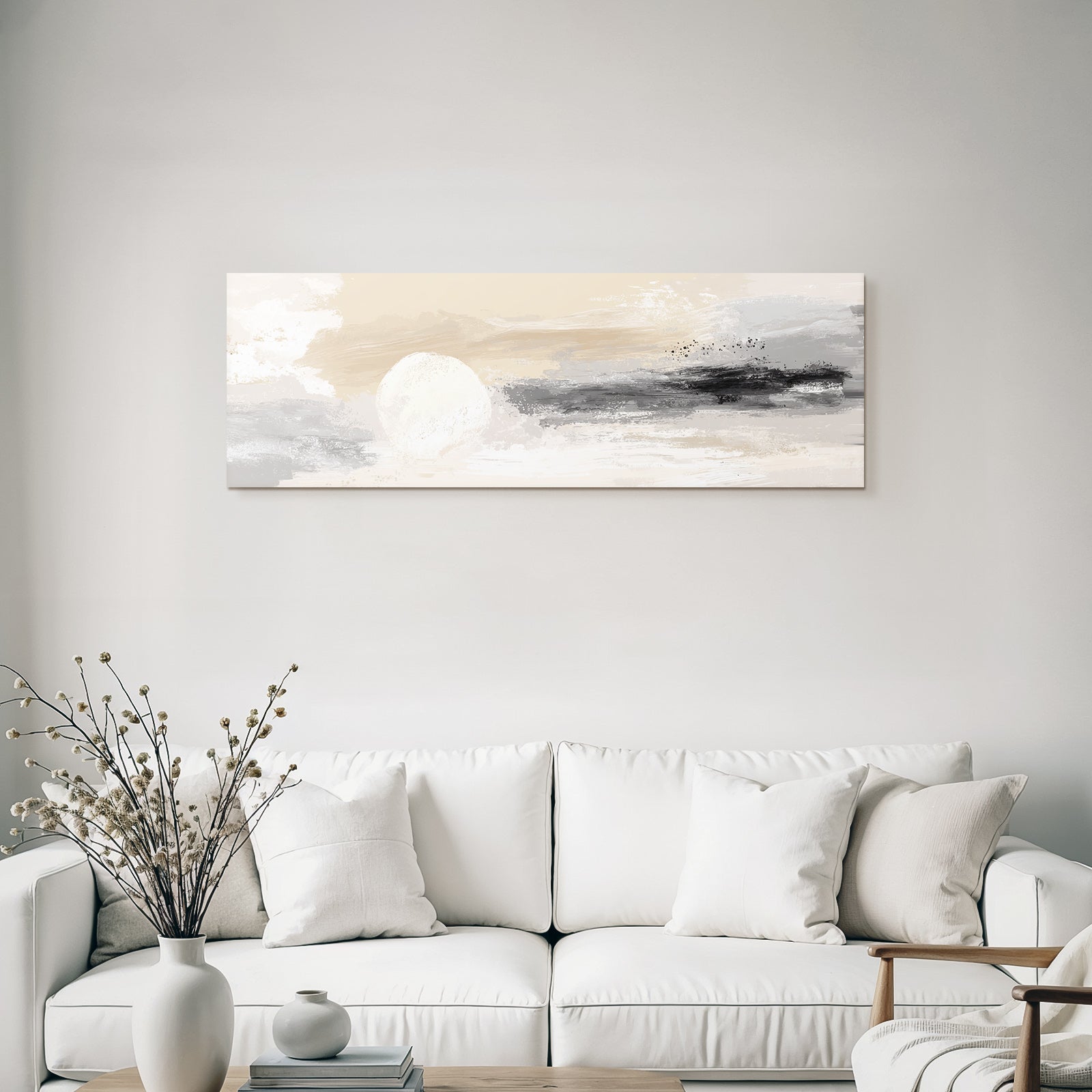 Abstract painting landscape with soft colors circular shape sun
