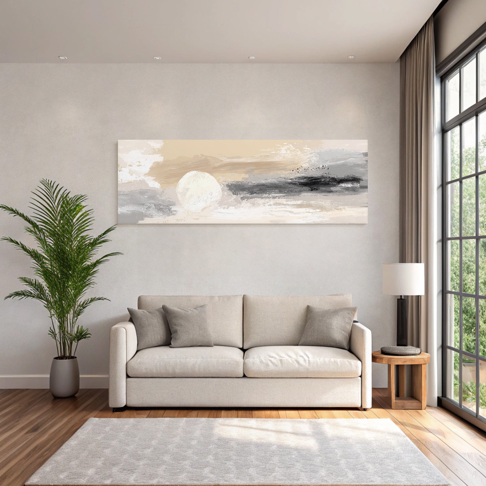 Abstract painting landscape with soft colors circular shape sun