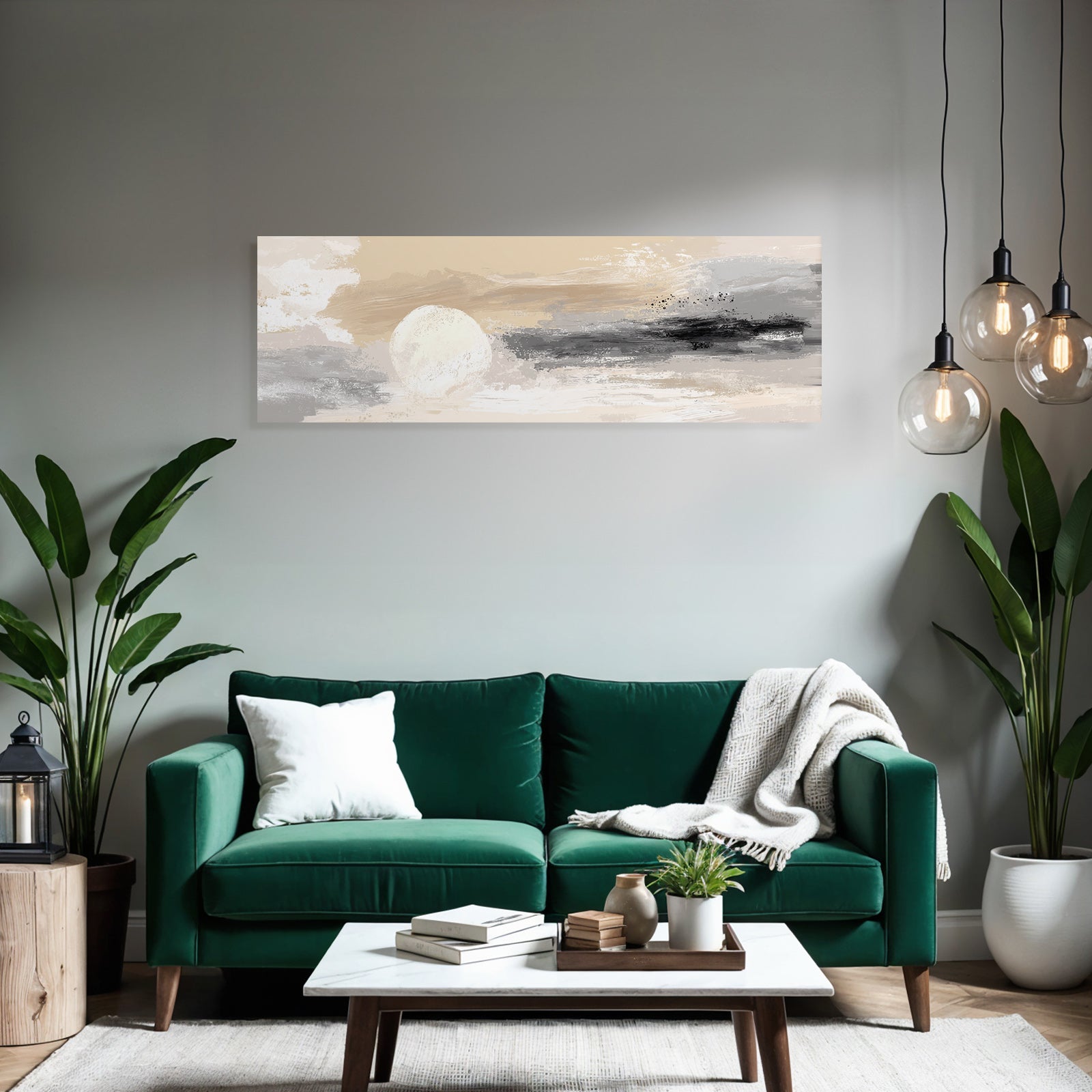 Abstract painting landscape with soft colors circular shape sun