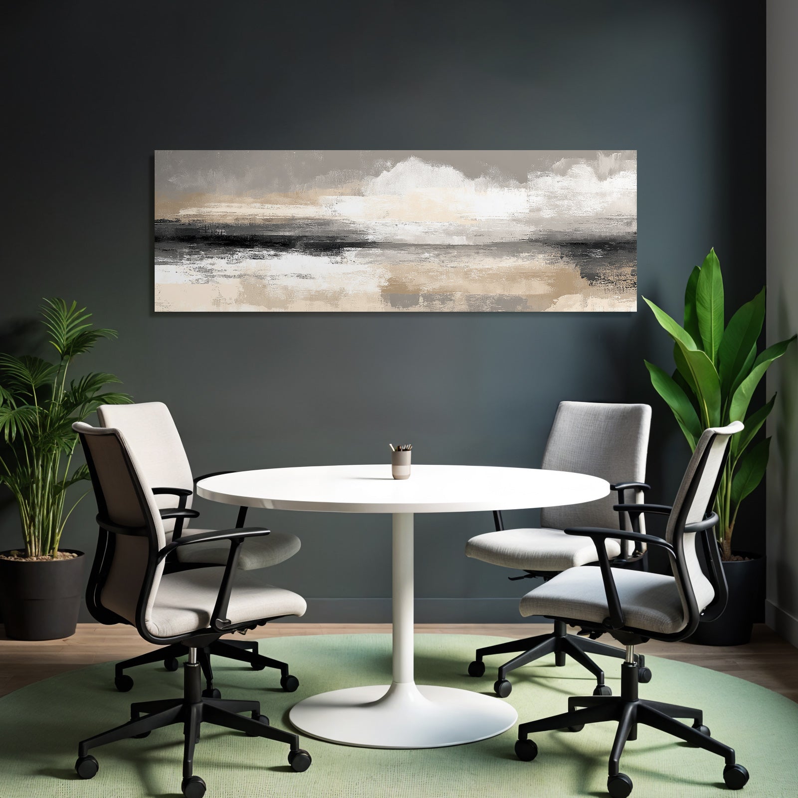 Abstract painting with texture, beige tones, grey and black