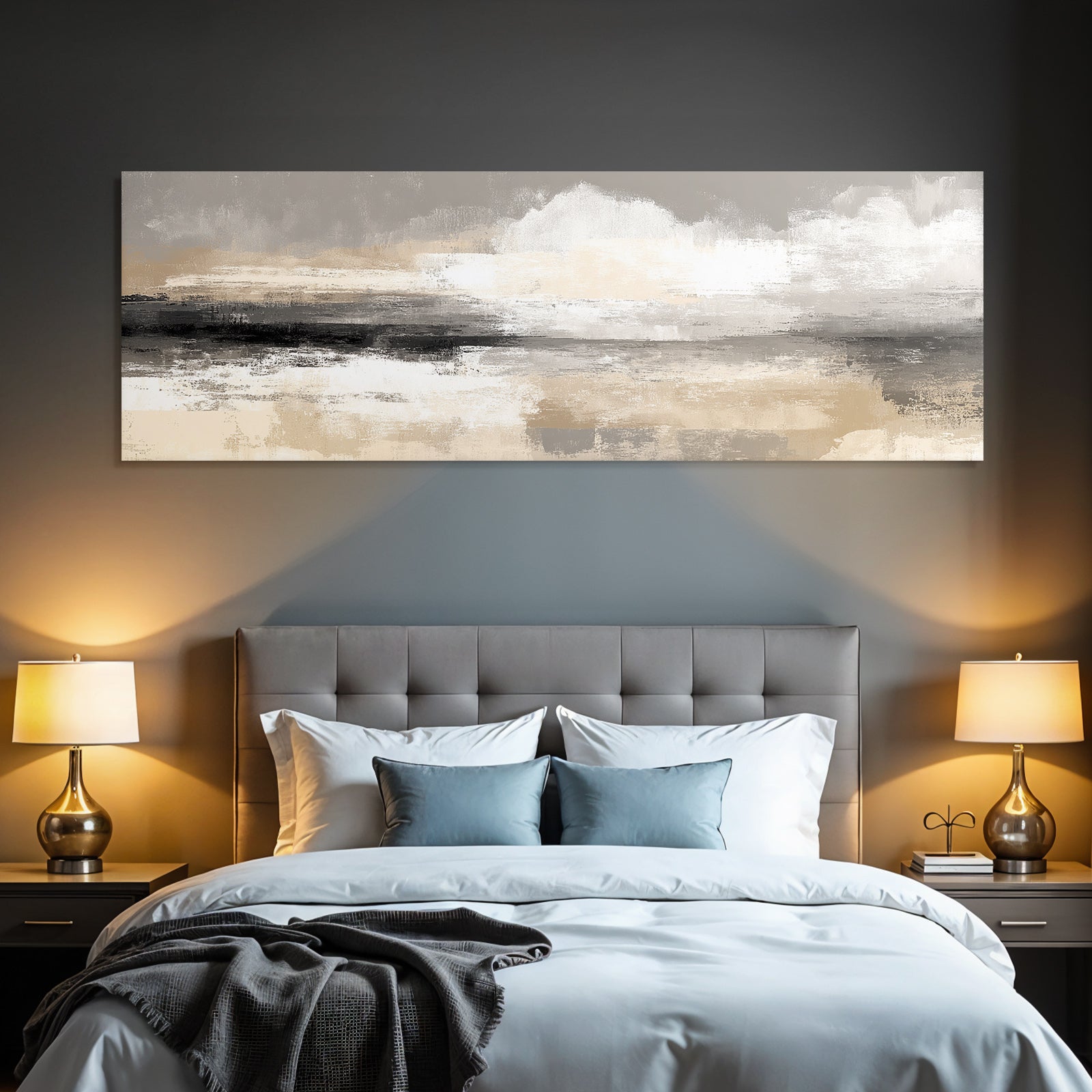 Abstract painting with texture, beige tones, grey and black
