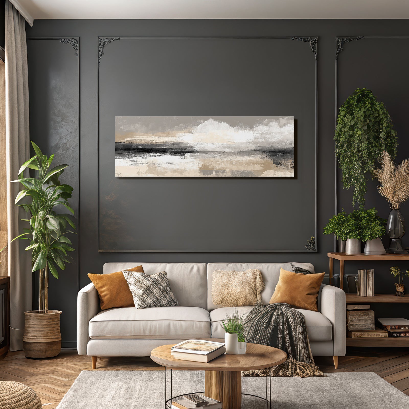 Abstract painting with texture, beige tones, grey and black