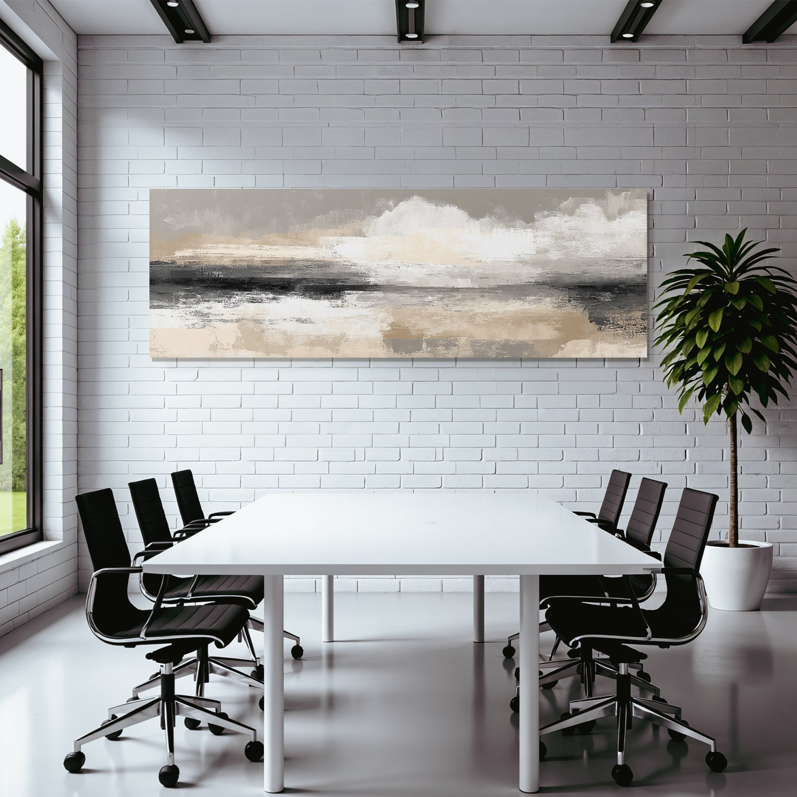 Abstract painting with texture, beige tones, grey and black