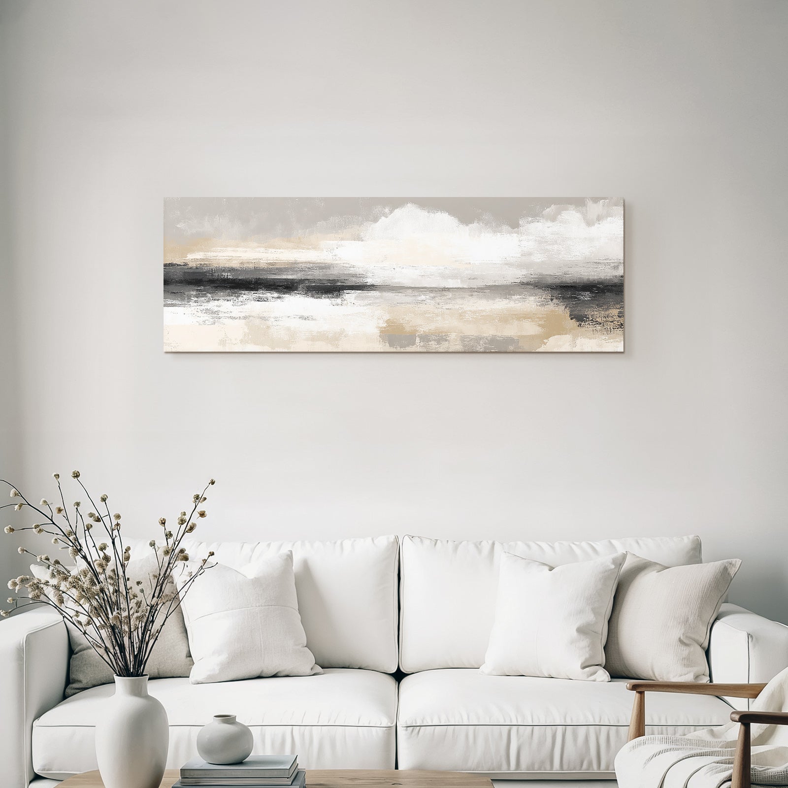 Abstract painting with texture, beige tones, grey and black