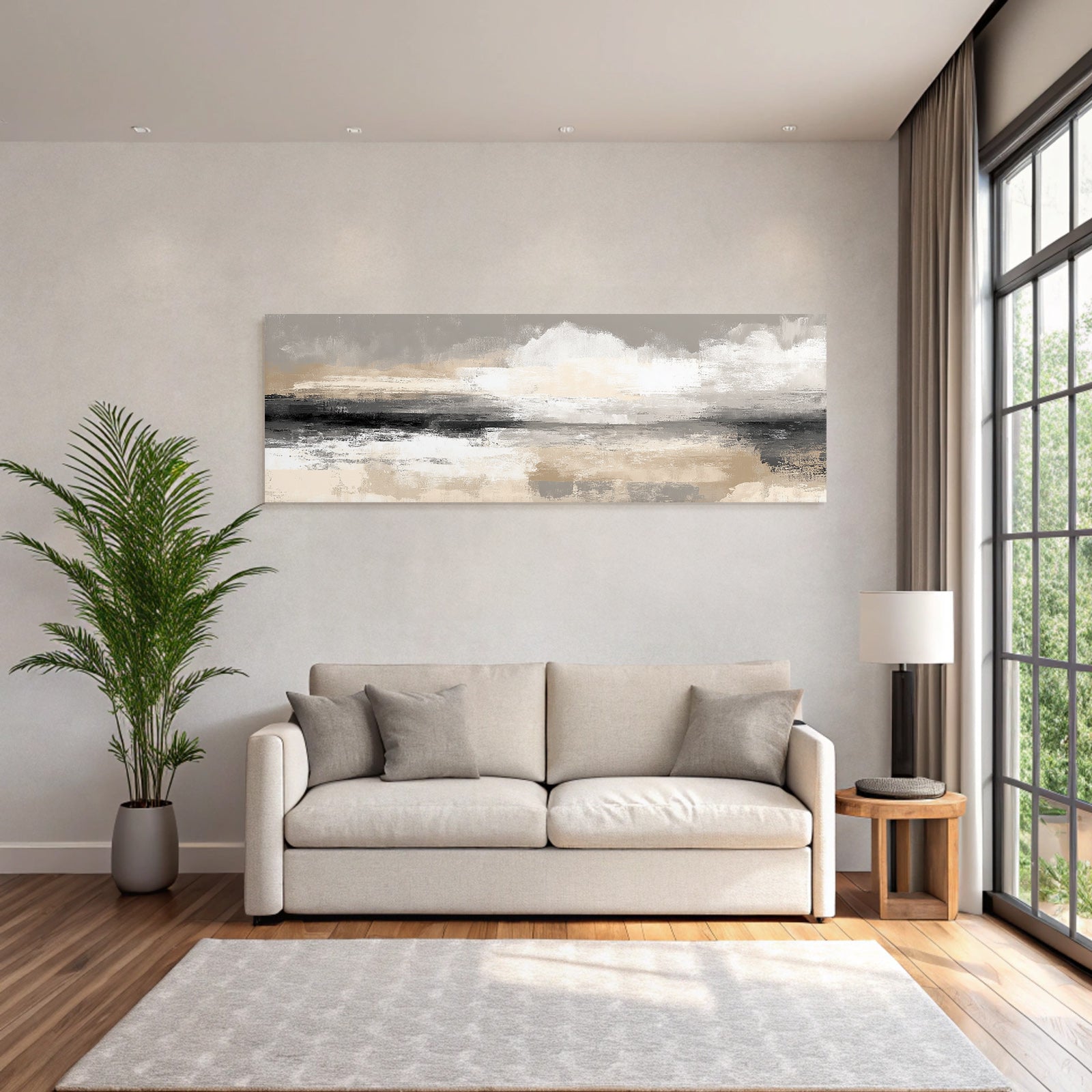 Abstract painting with texture, beige tones, grey and black
