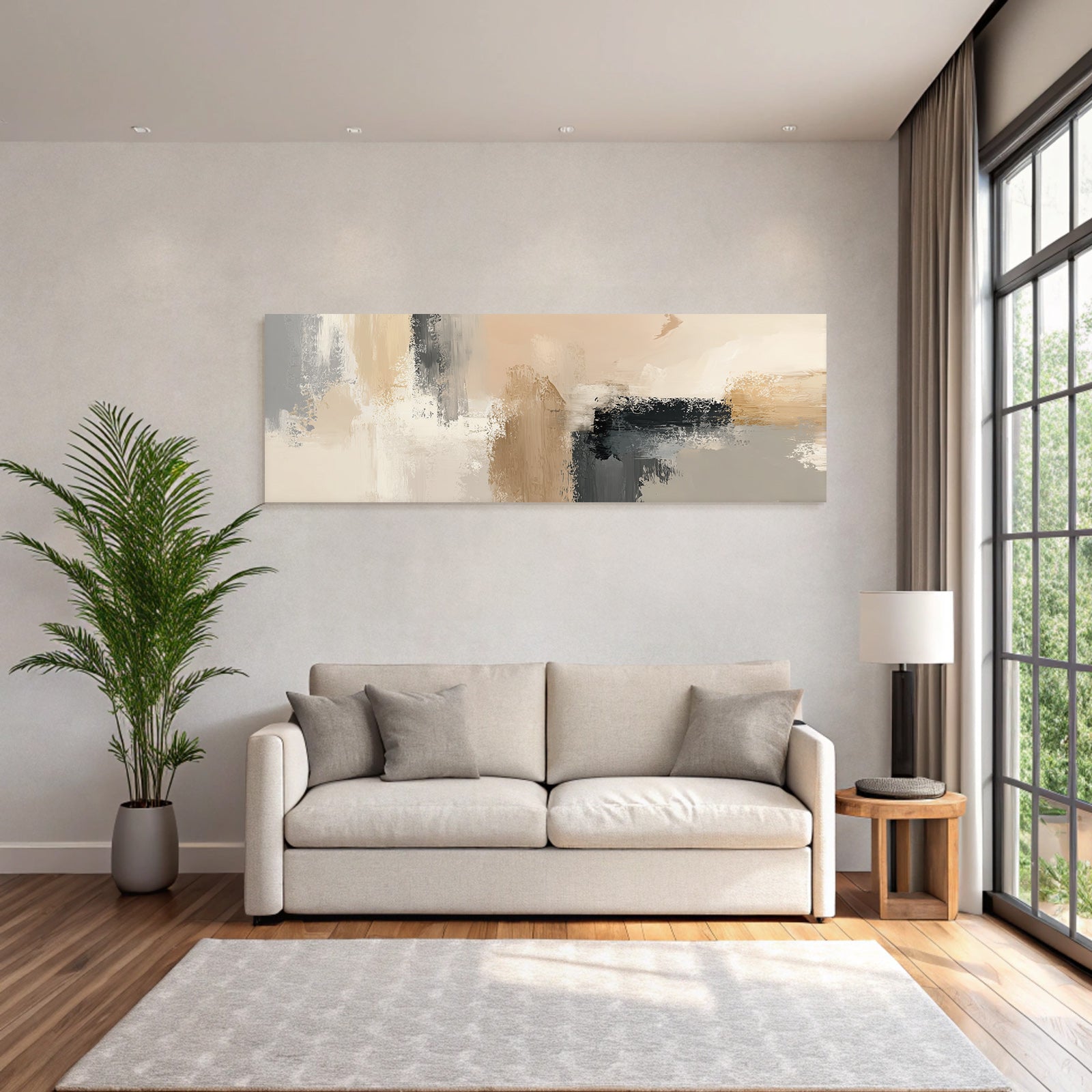 Abstract painting in beige, grey and black