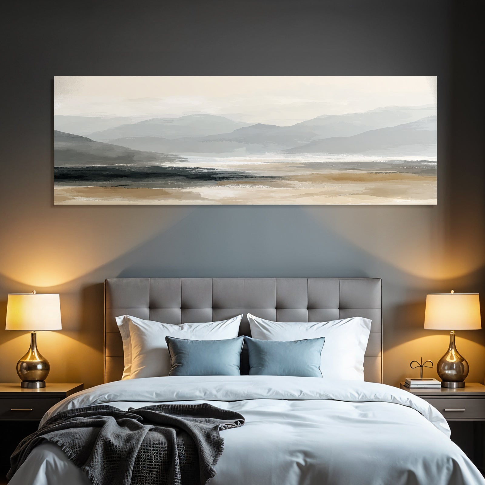 Digital Painting Of Landscape With Mountains And Water Body Soft Muted Colors