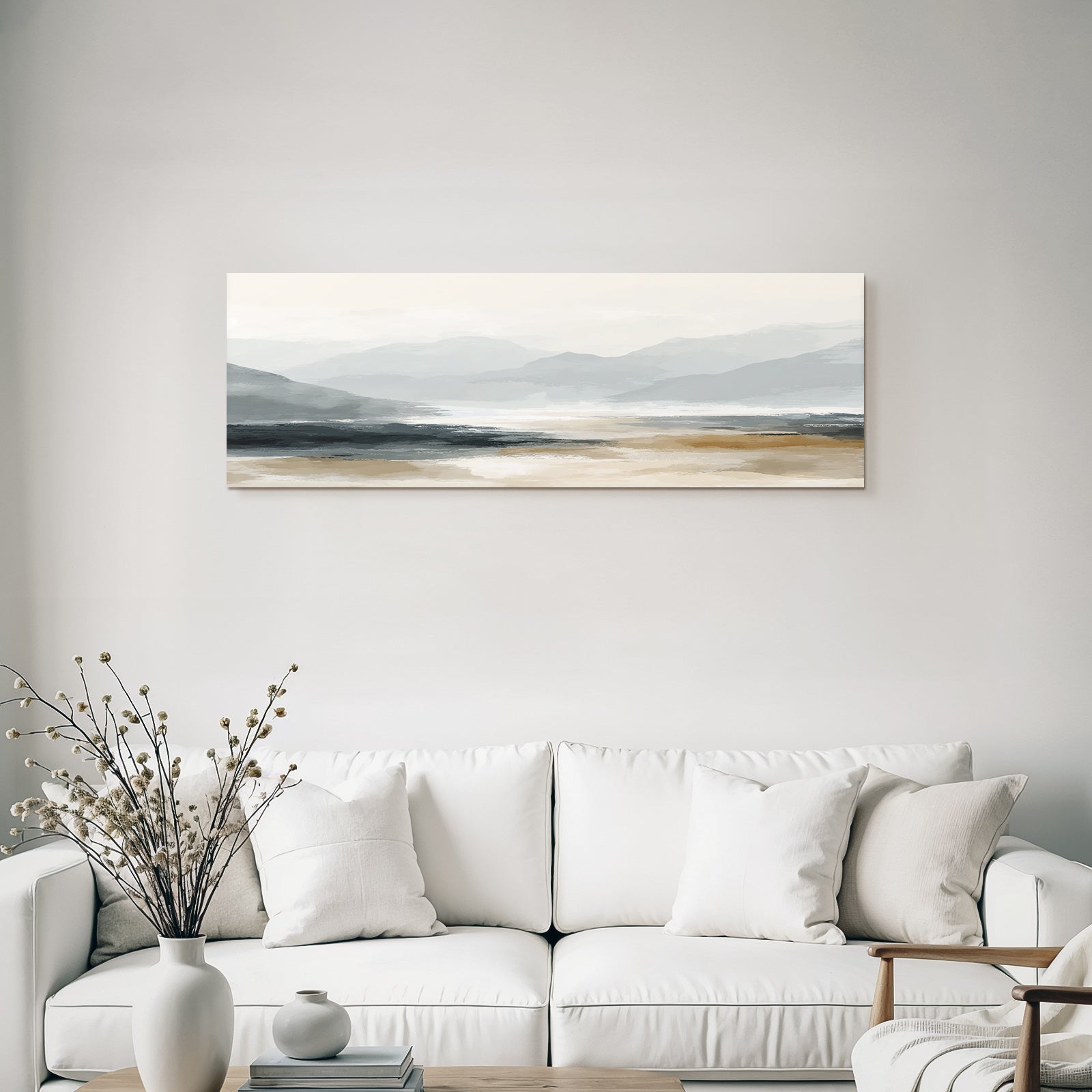 Digital Painting Of Landscape With Mountains And Water Body Soft Muted Colors