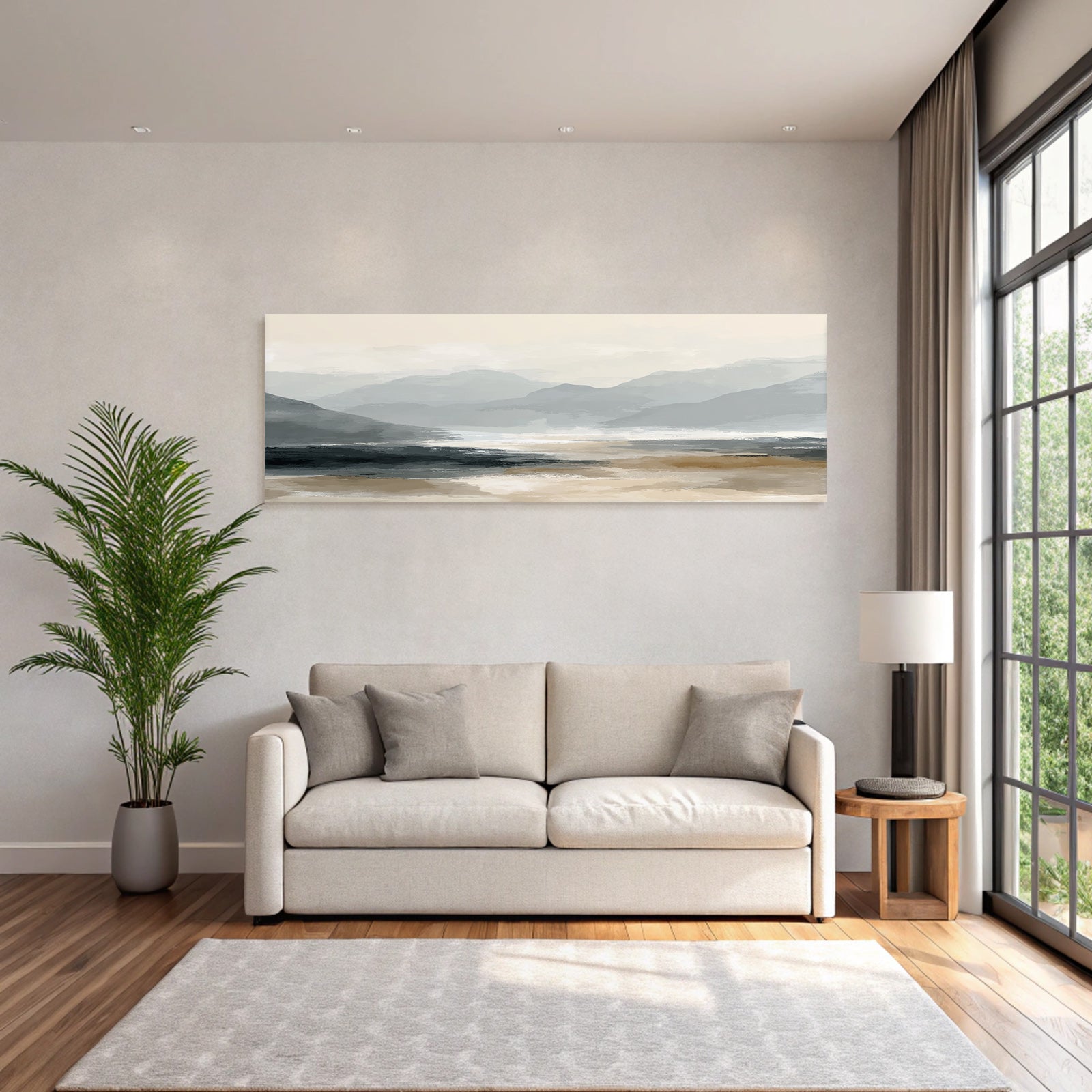 Digital Painting Of Landscape With Mountains And Water Body Soft Muted Colors