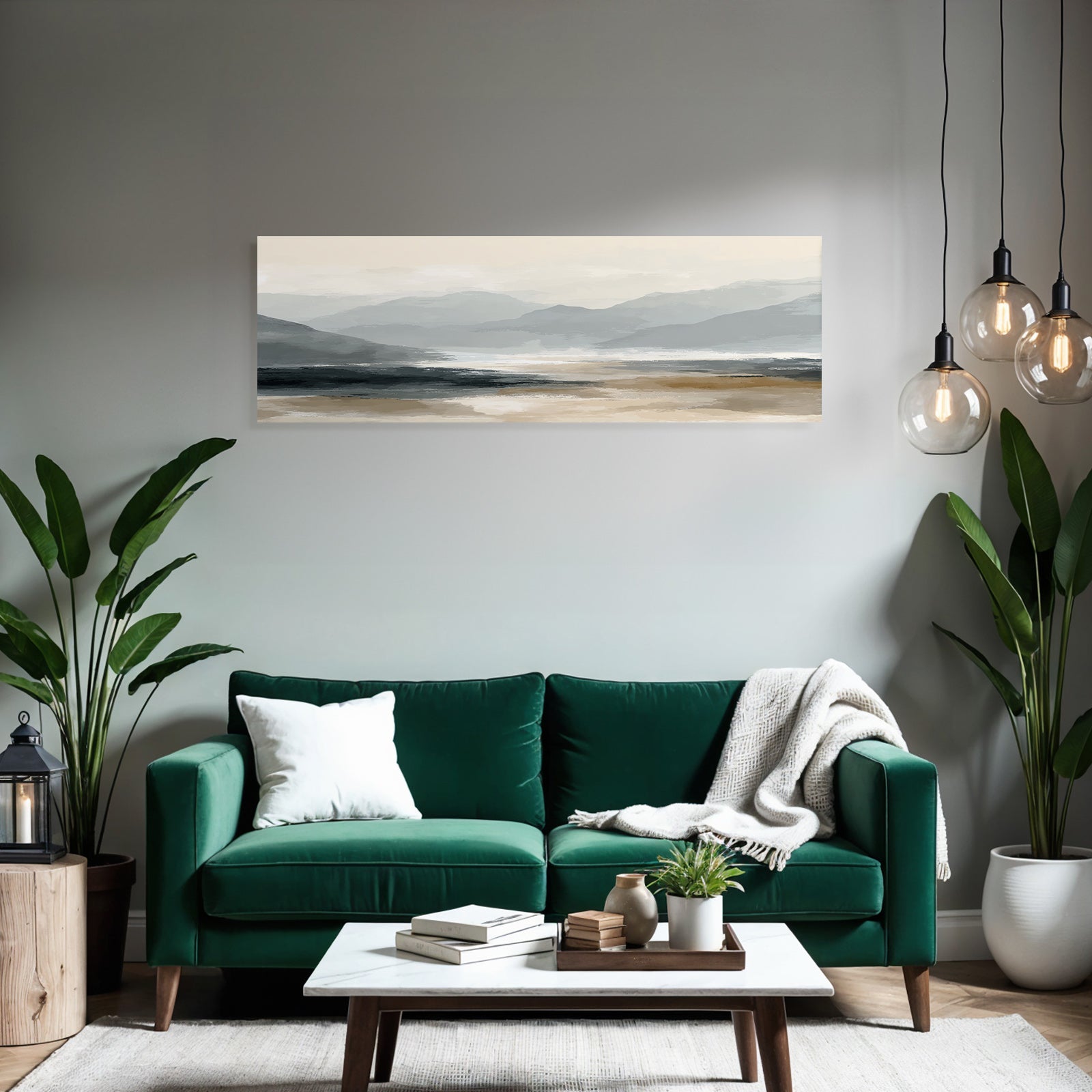 Digital Painting Of Landscape With Mountains And Water Body Soft Muted Colors