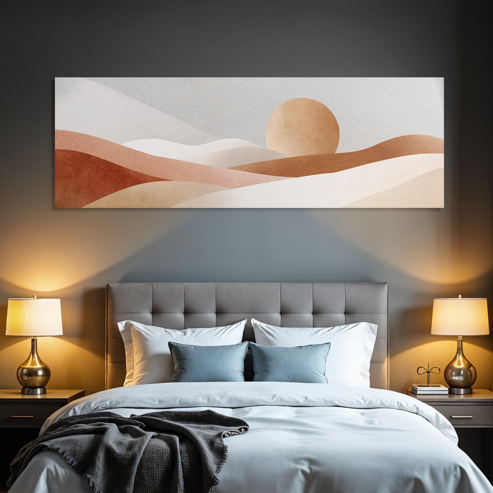 Stylized Abstract Landscape Soft Shapes Beige Brown Gray Oval Sun Moon