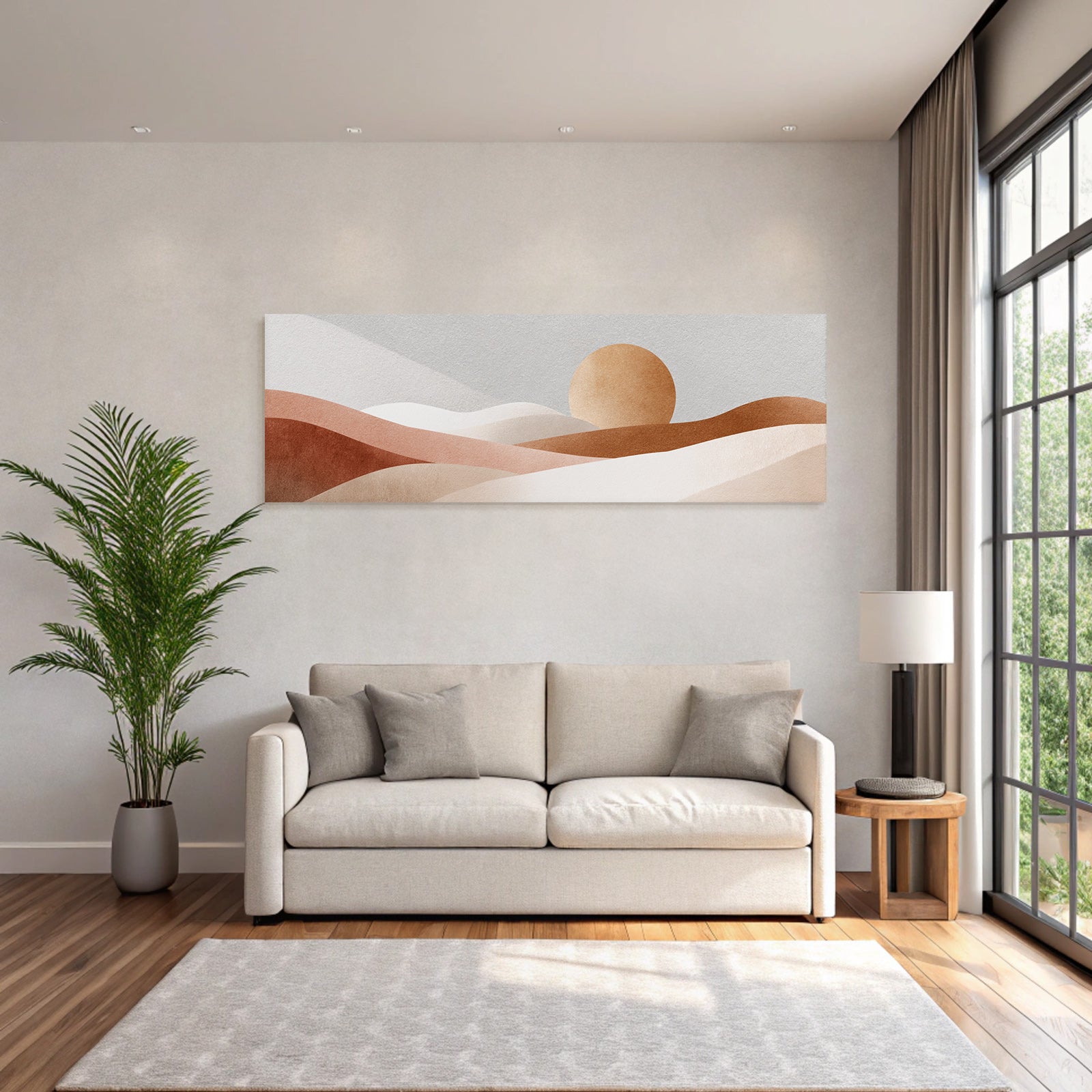 Stylized Abstract Landscape Soft Shapes Beige Brown Gray Oval Sun Moon
