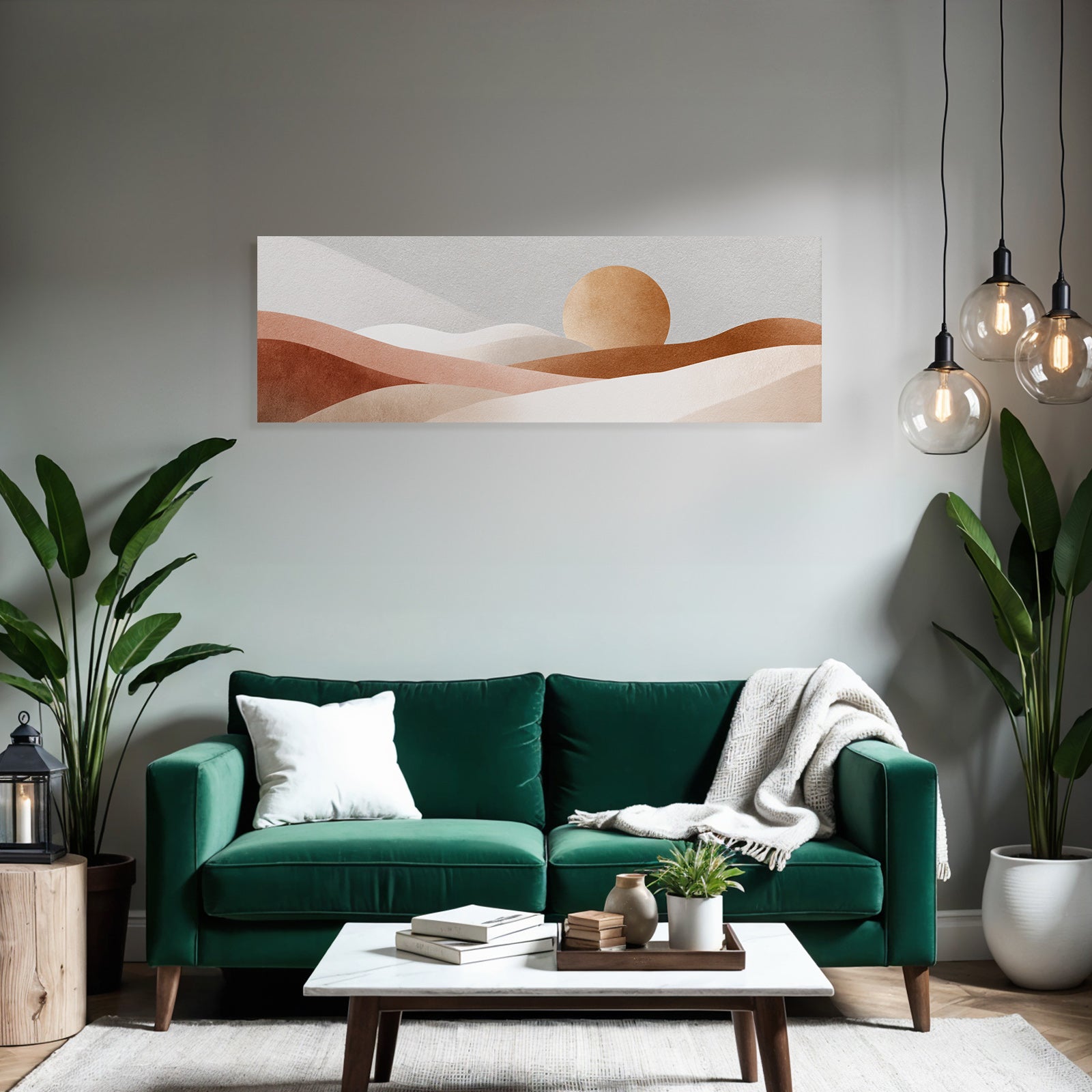 Stylized Abstract Landscape Soft Shapes Beige Brown Gray Oval Sun Moon