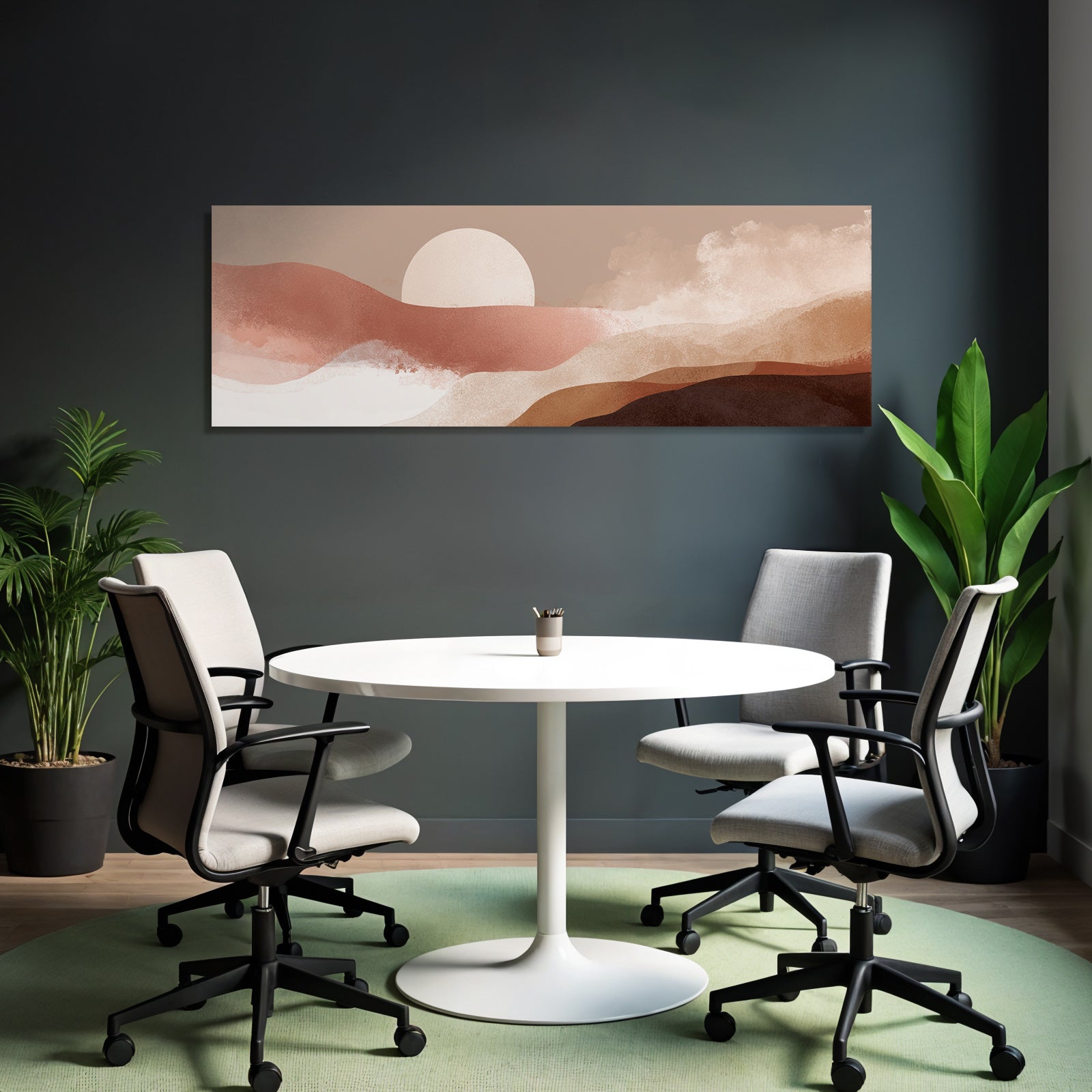 Stylized Landscape With Abstract Colored Circles And Sun