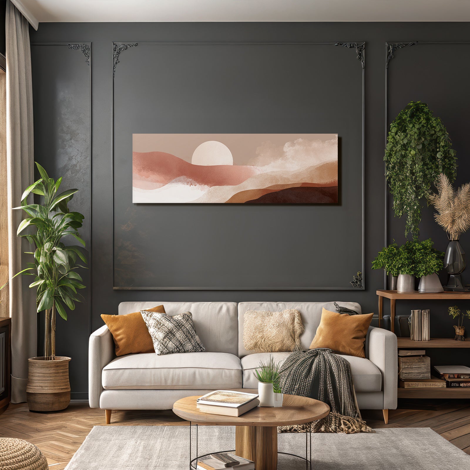 Stylized Landscape With Abstract Colored Circles And Sun