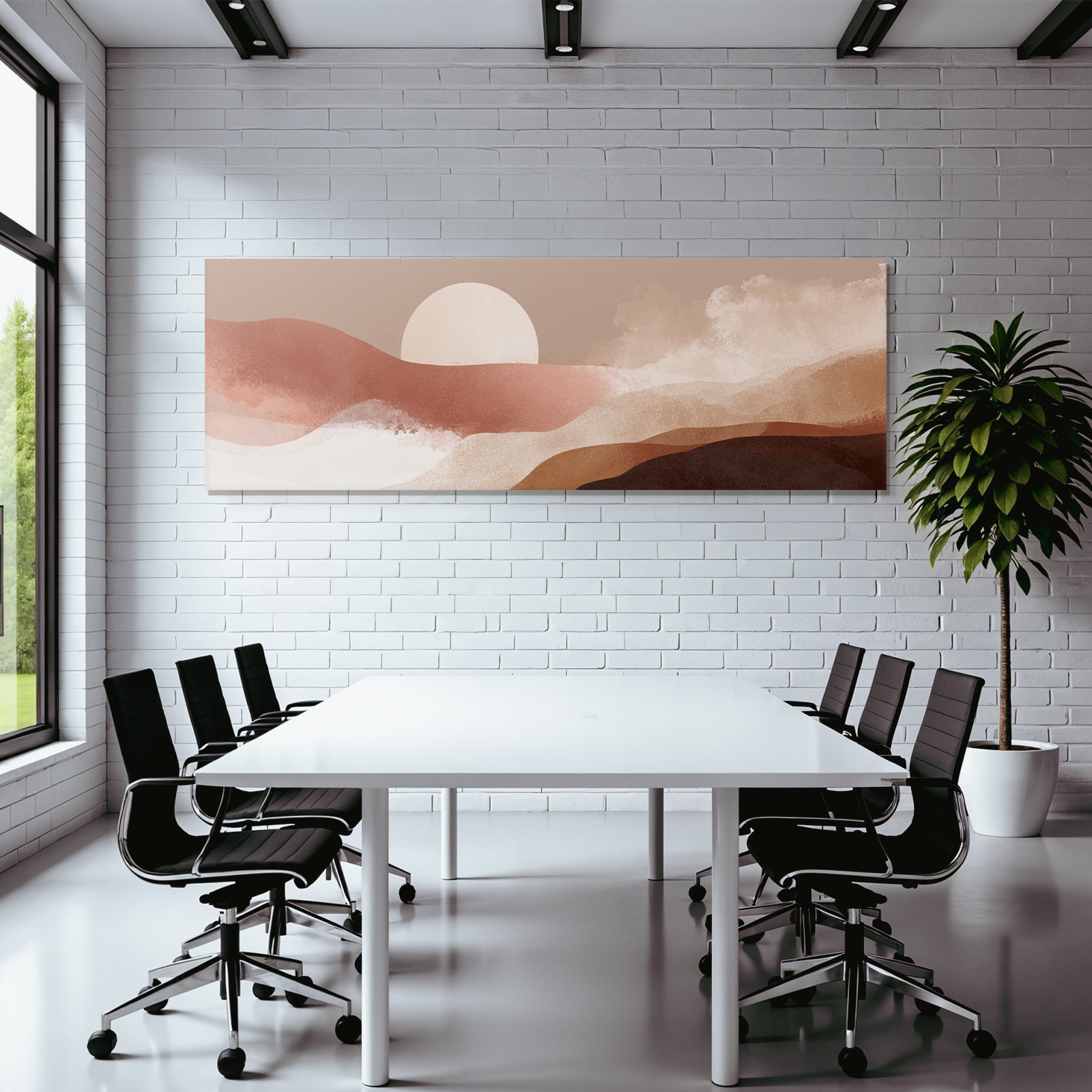 Stylized Landscape With Abstract Colored Circles And Sun
