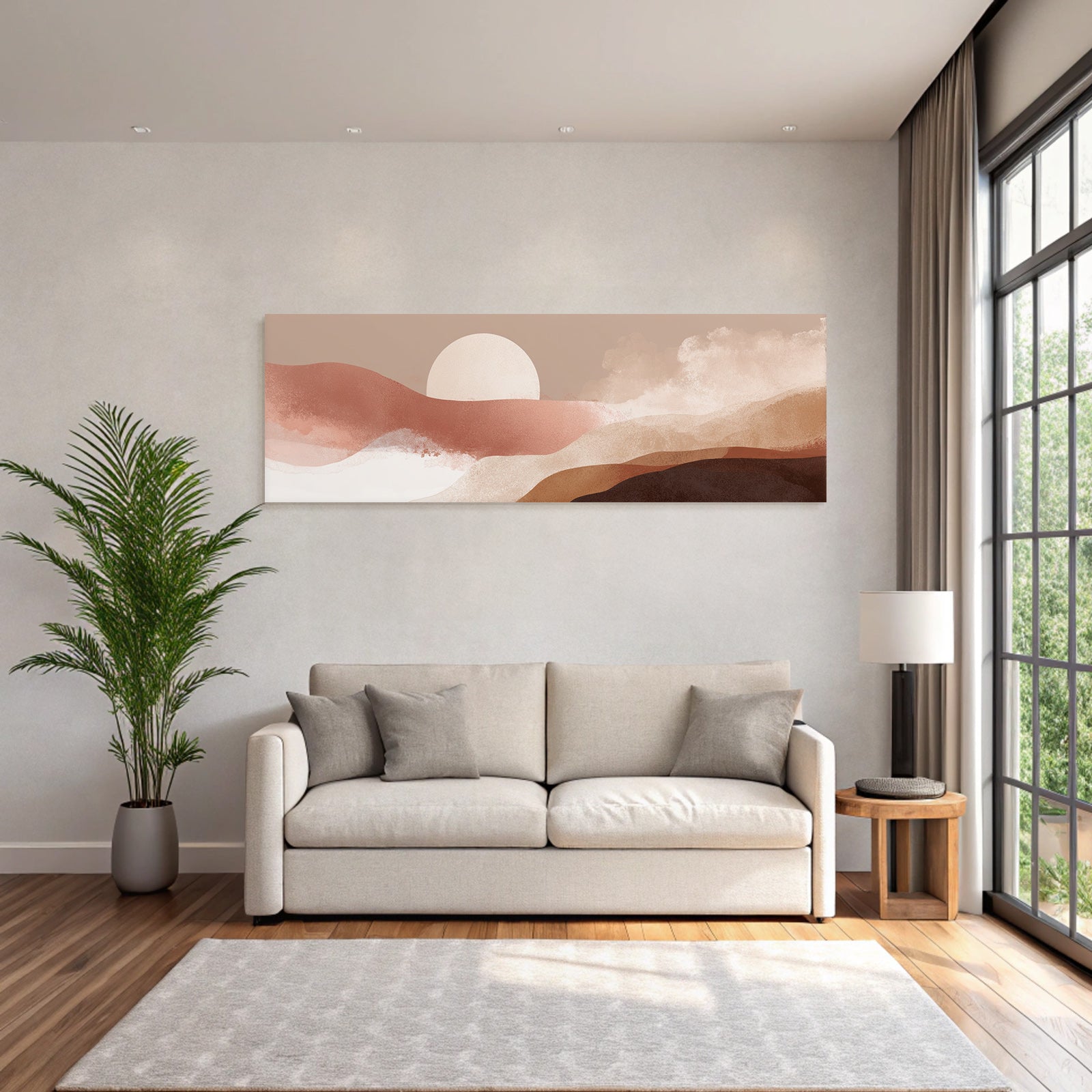 Stylized Landscape With Abstract Colored Circles And Sun