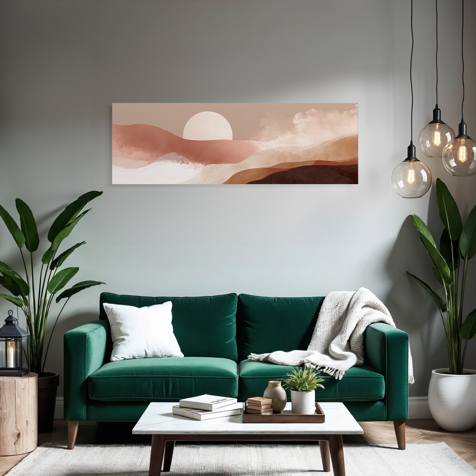 Stylized Landscape With Abstract Colored Circles And Sun
