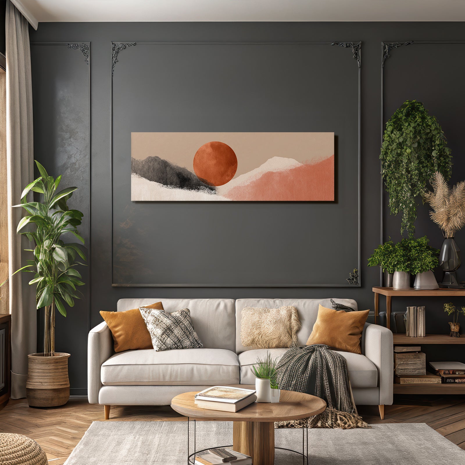 Stylized Landscape Abstract Shapes Colors Circular Element Earthy Tones
