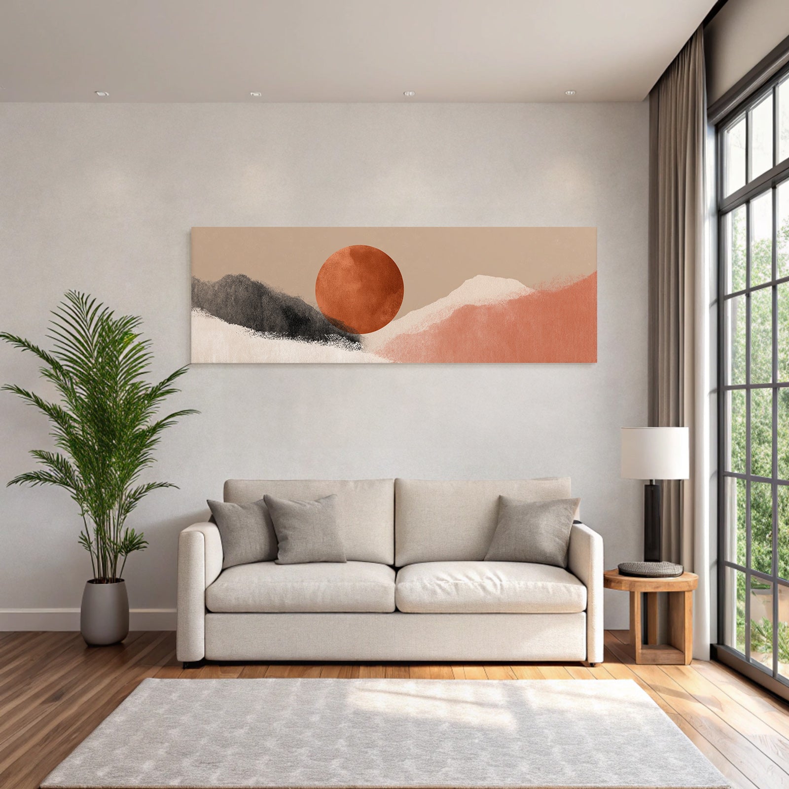 Stylized Landscape Abstract Shapes Colors Circular Element Earthy Tones