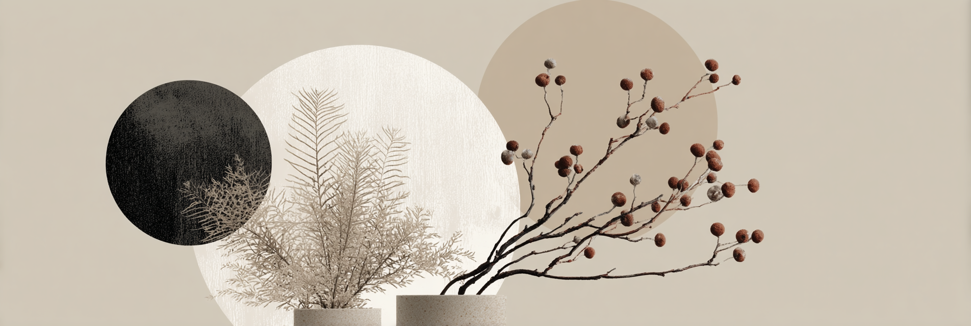 Stylized Plants And Circular Shapes In Neutral Background | Japandi | Einrichtungsstile
