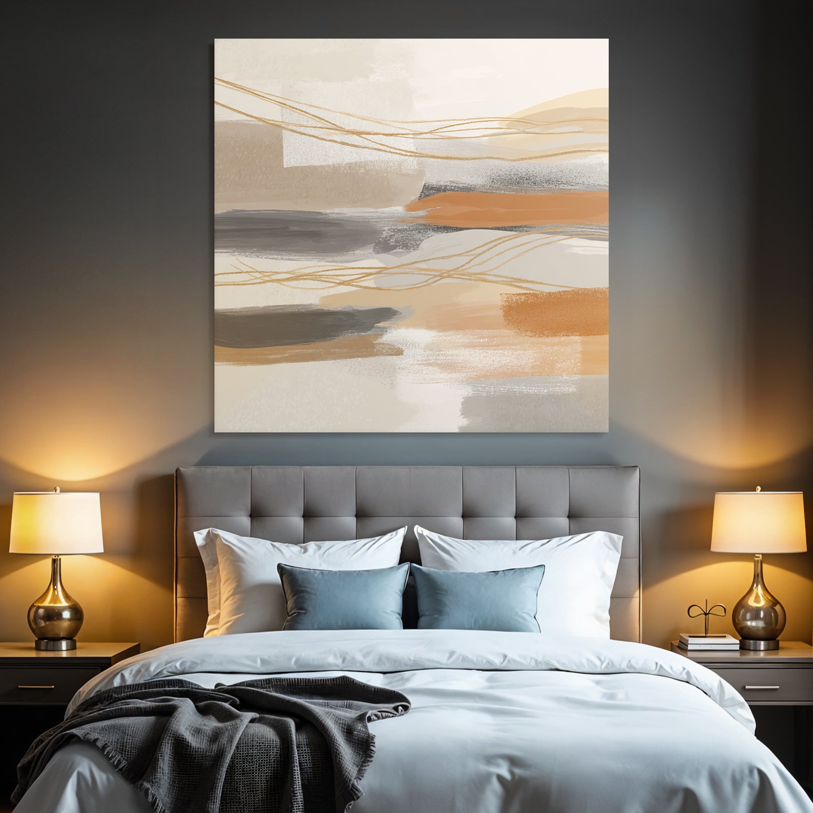 Abstract Artwork Soft Colors Brushstrokes Beige Gray Orange Linear Elements