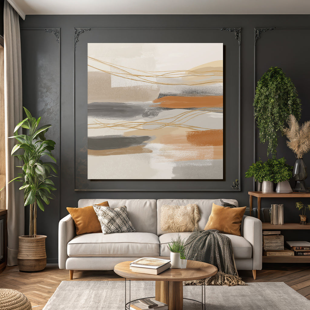 Abstract Artwork Soft Colors Brushstrokes Beige Gray Orange Linear Elements