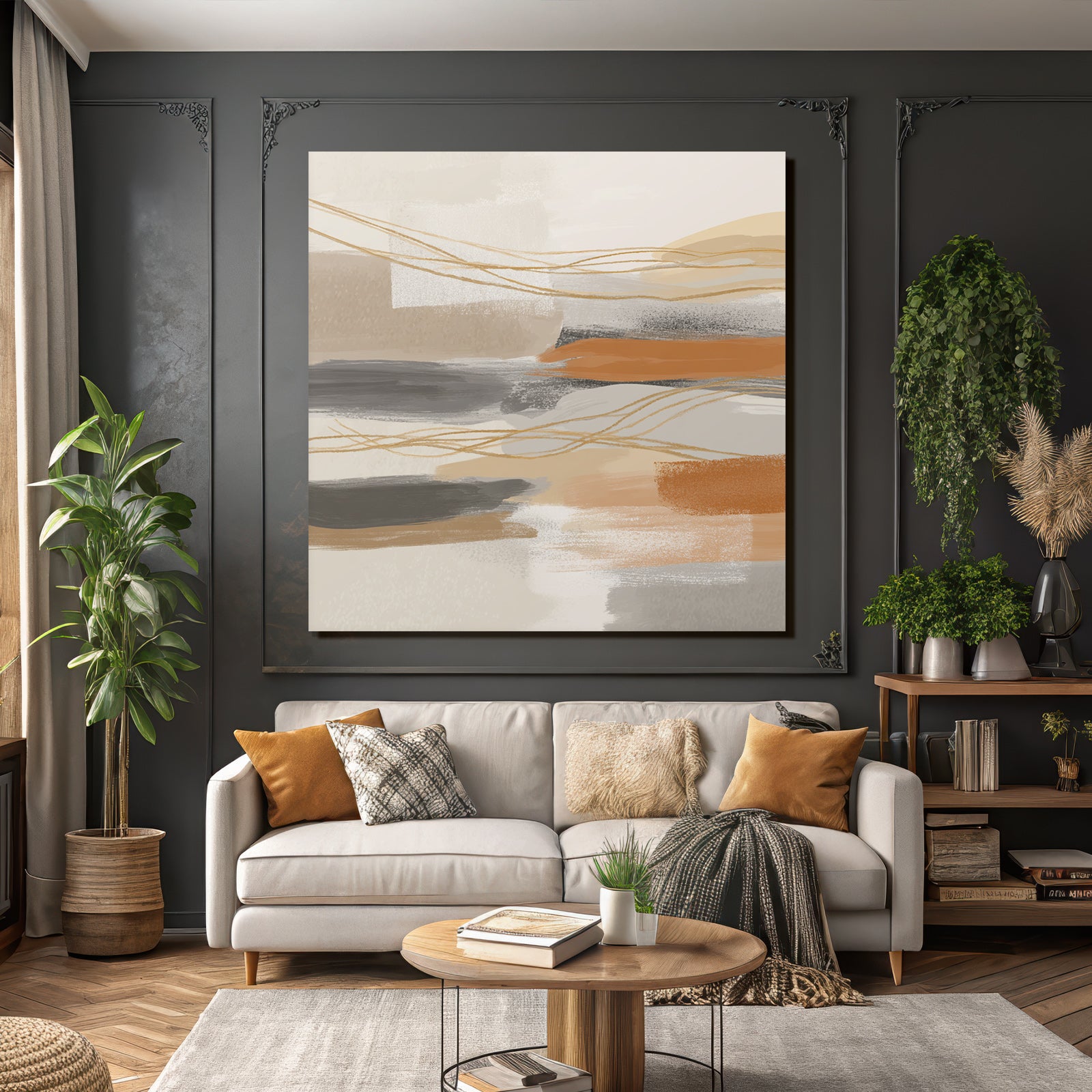 Abstract Artwork Soft Colors Brushstrokes Beige Gray Orange Linear Elements