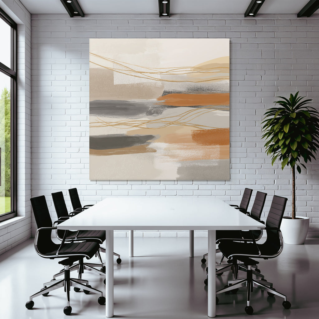 Abstract Artwork Soft Colors Brushstrokes Beige Gray Orange Linear Elements