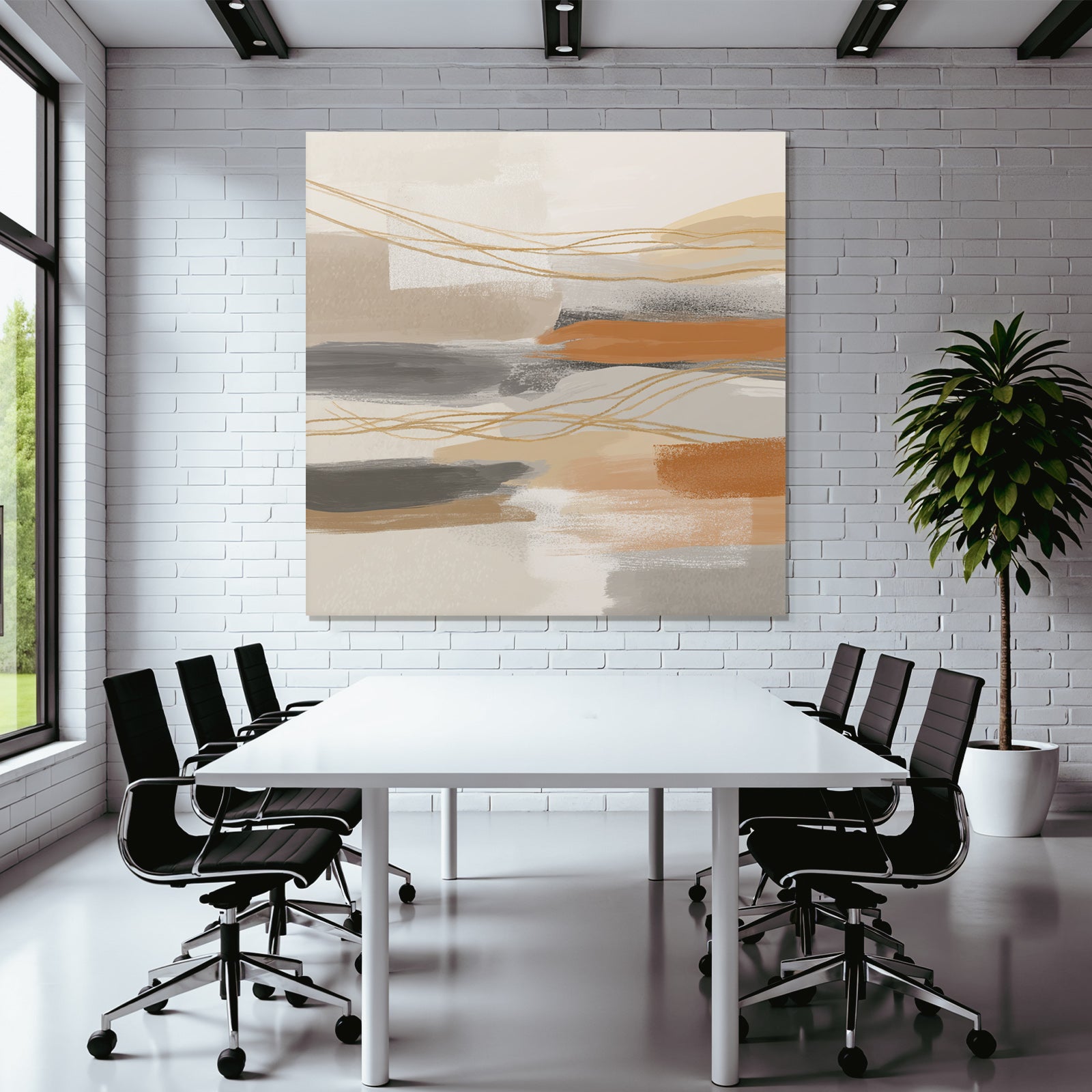 Abstract Artwork Soft Colors Brushstrokes Beige Gray Orange Linear Elements