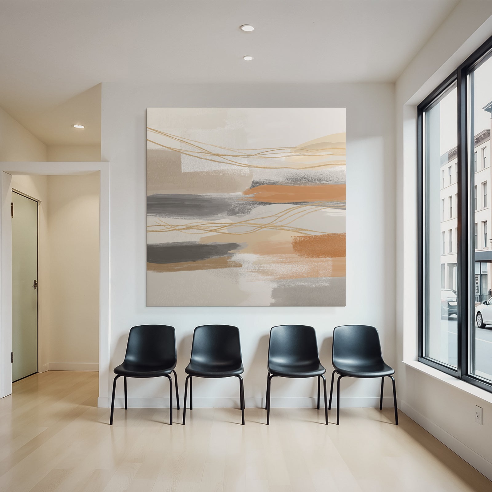 Abstract Artwork Soft Colors Brushstrokes Beige Gray Orange Linear Elements