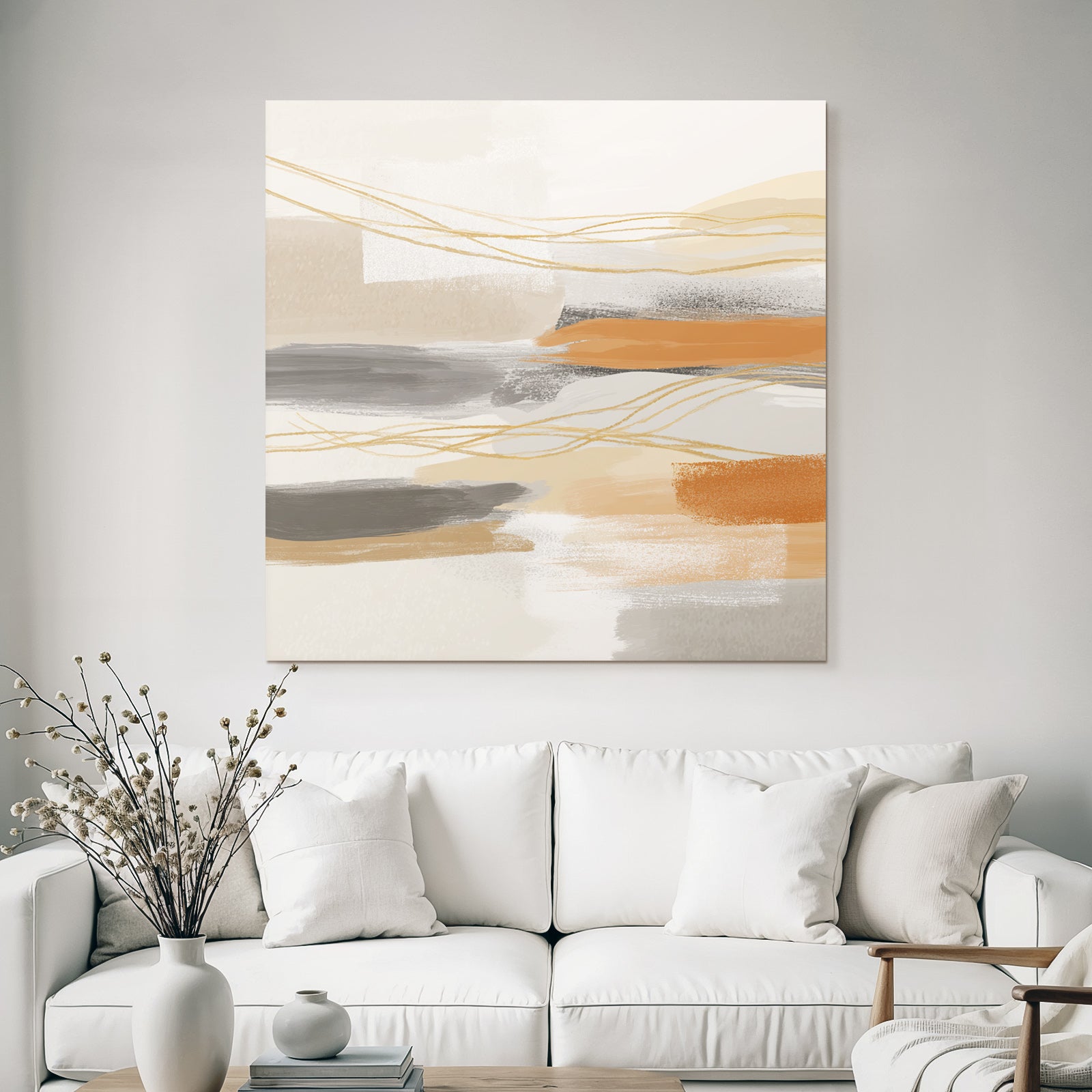 Abstract Artwork Soft Colors Brushstrokes Beige Gray Orange Linear Elements