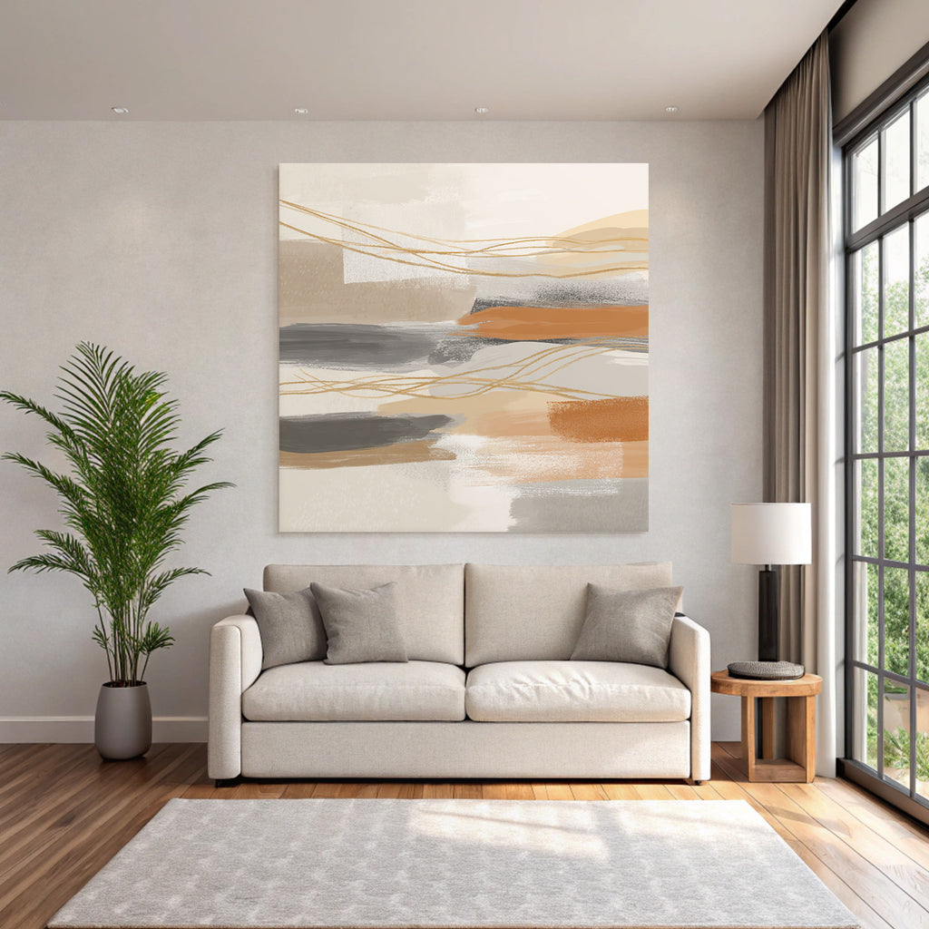 Abstract Artwork Soft Colors Brushstrokes Beige Gray Orange Linear Elements