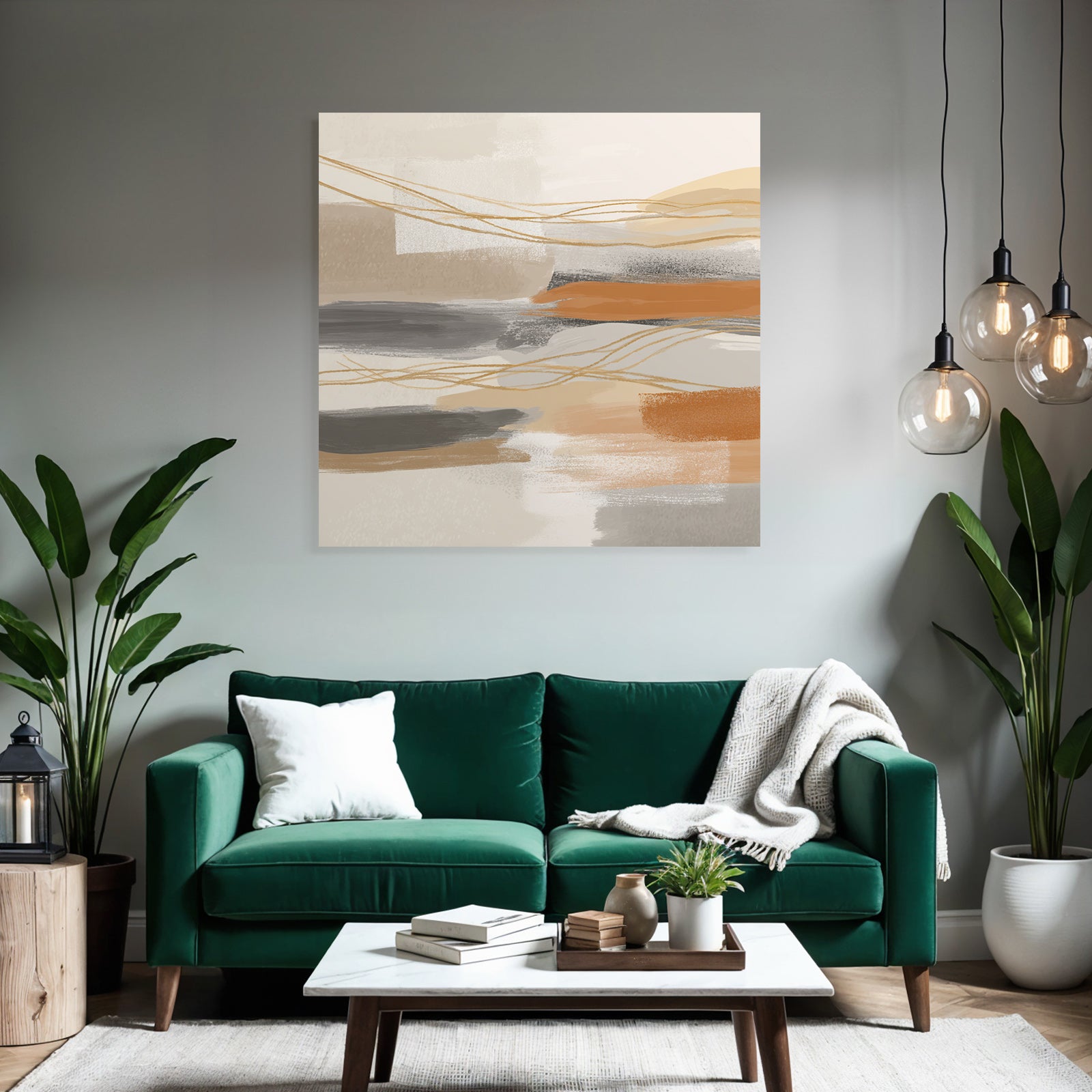 Abstract Artwork Soft Colors Brushstrokes Beige Gray Orange Linear Elements