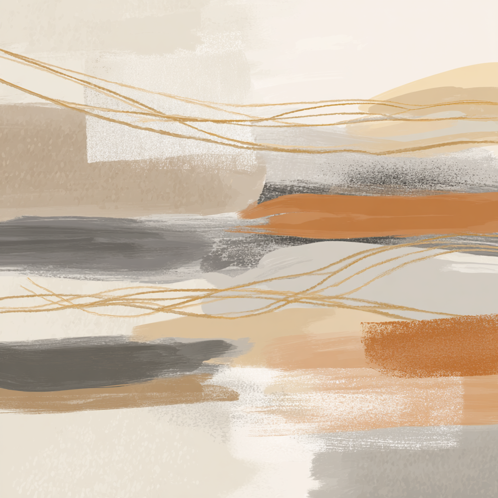 Abstract Artwork Soft Colors Brushstrokes Beige Gray Orange Linear Elements | Japandi | Einrichtungsstile