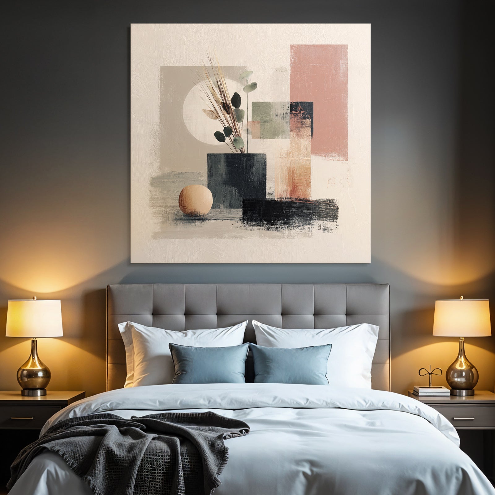 Abstract Artwork Vase Foliage Geometric Shapes Minimalistic Color Palette