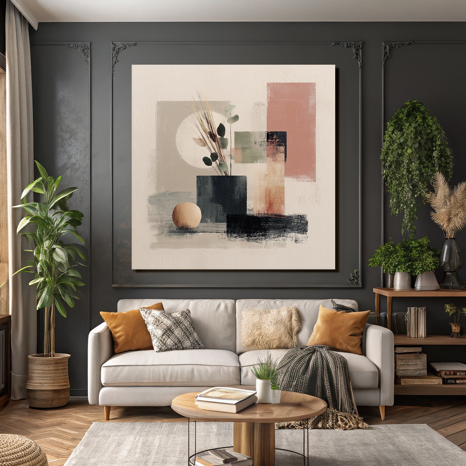 Abstract Artwork Vase Foliage Geometric Shapes Minimalistic Color Palette