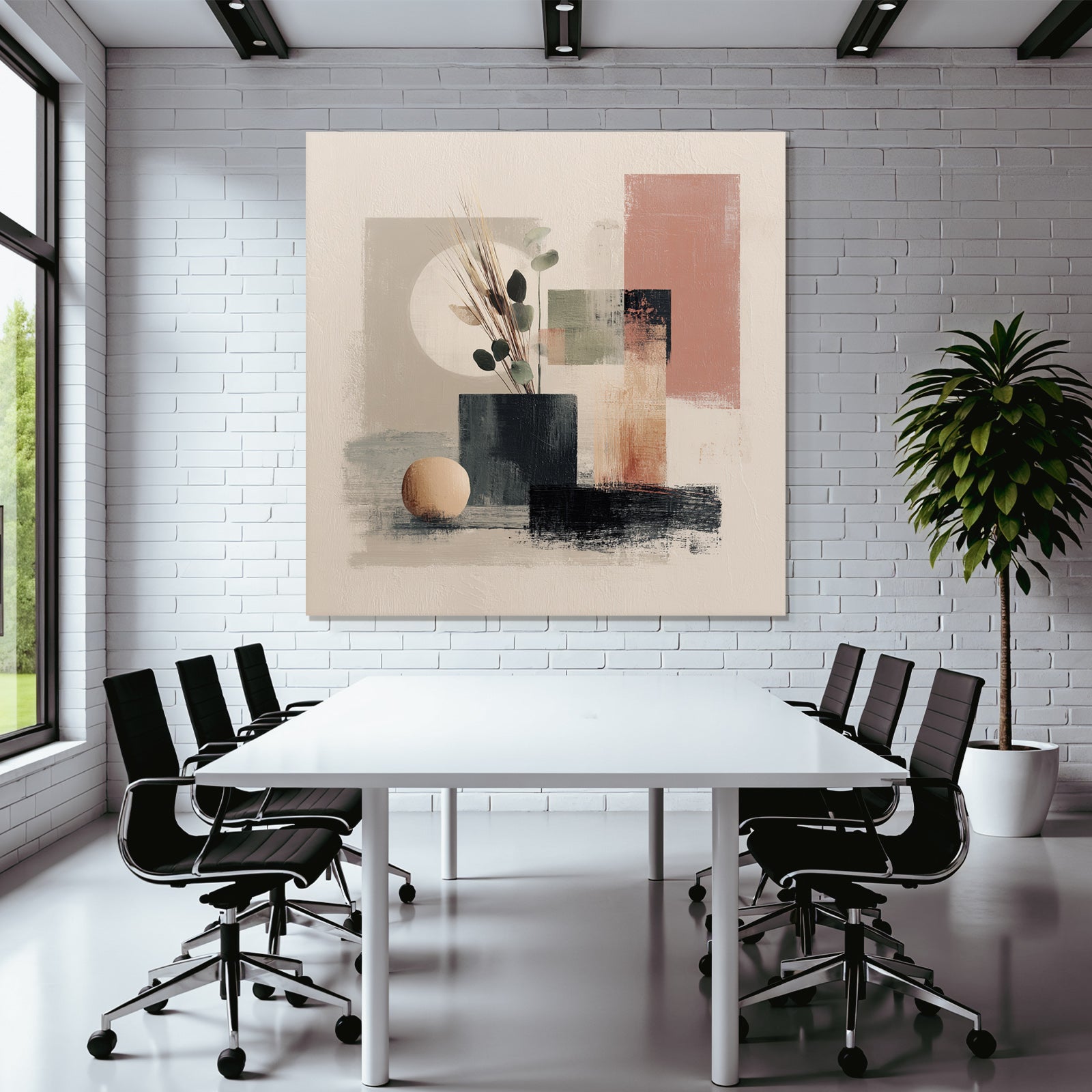 Abstract Artwork Vase Foliage Geometric Shapes Minimalistic Color Palette