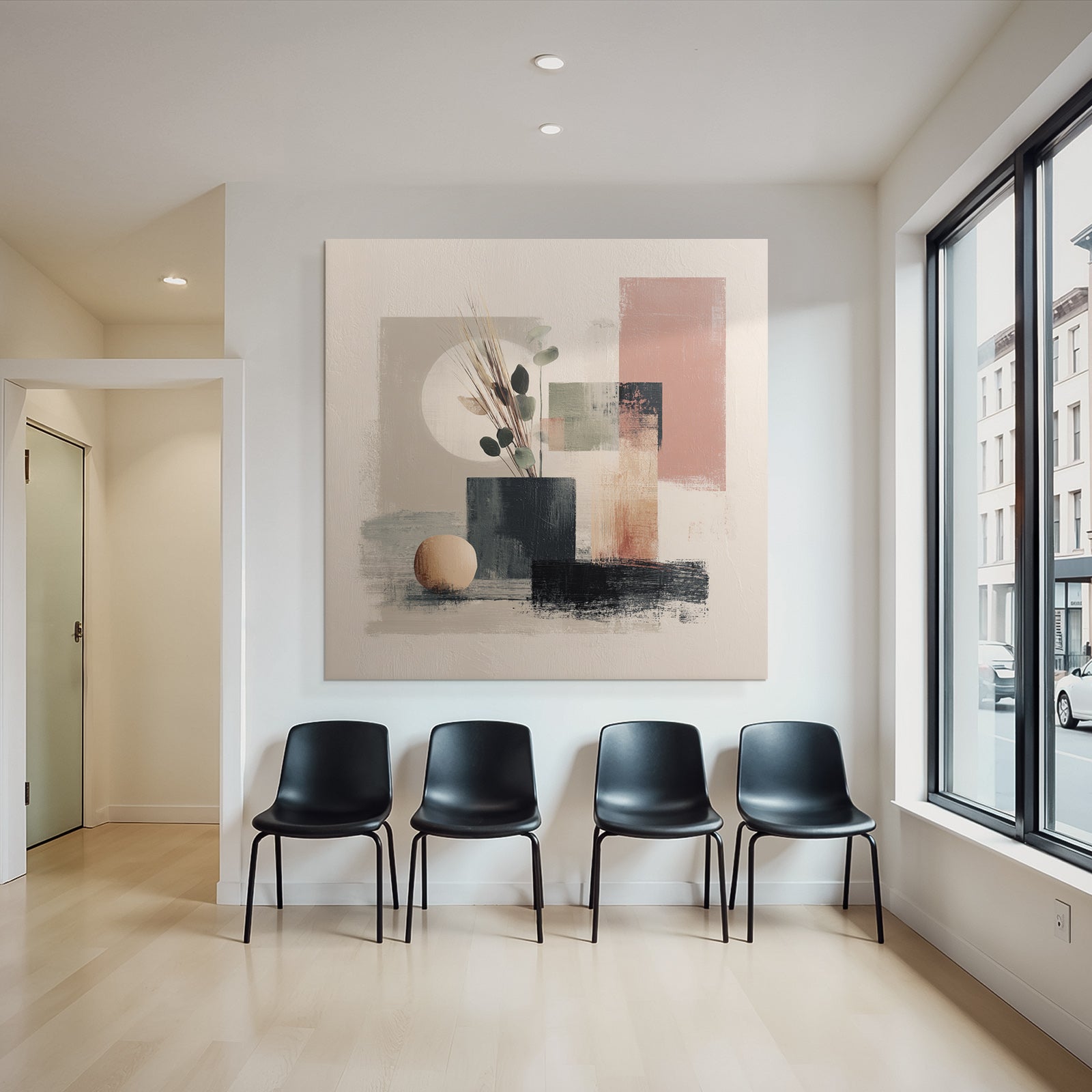 Abstract Artwork Vase Foliage Geometric Shapes Minimalistic Color Palette